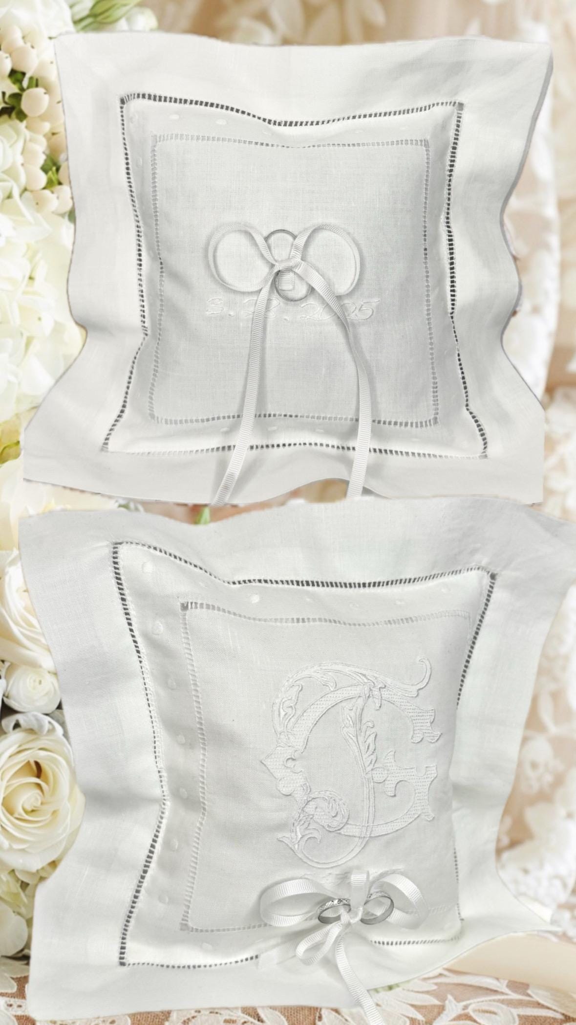 Ring Bearer personalized linen hemstitched white pillow embroidered Monogrammed Ring Bearer Pillow embroidered initials bridal decor Wedding