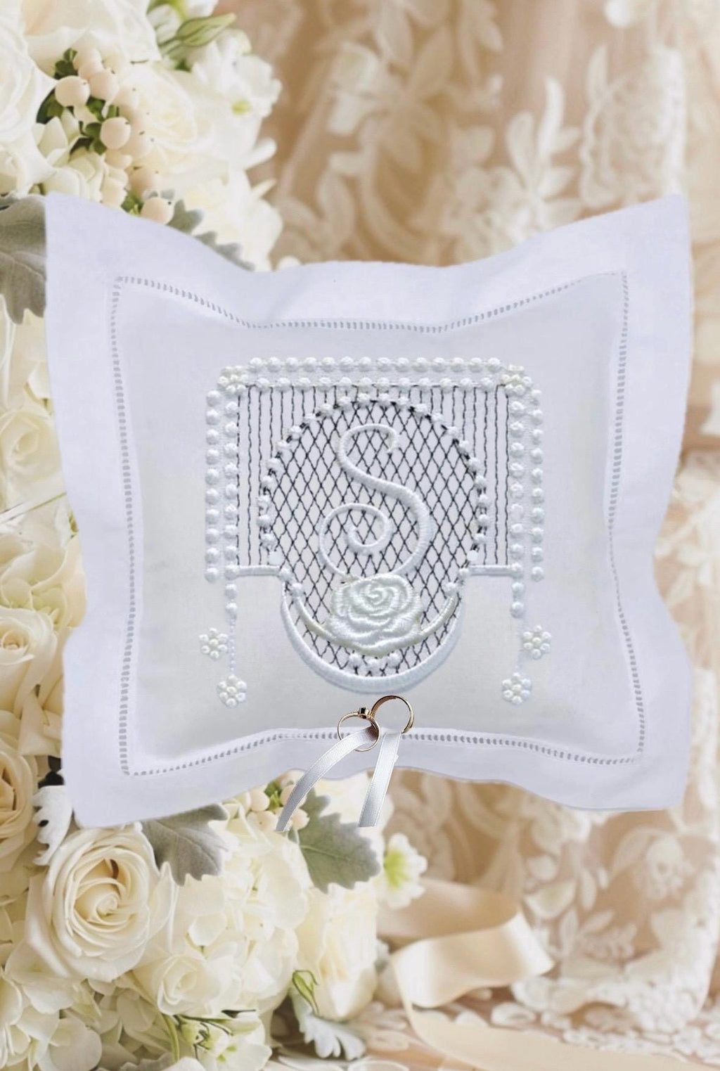 Ring bearer pillow personalized linen hemstitch Swiss dots ring cushion embroidered Monogrammed Engagement custom ring bearer linen pillow