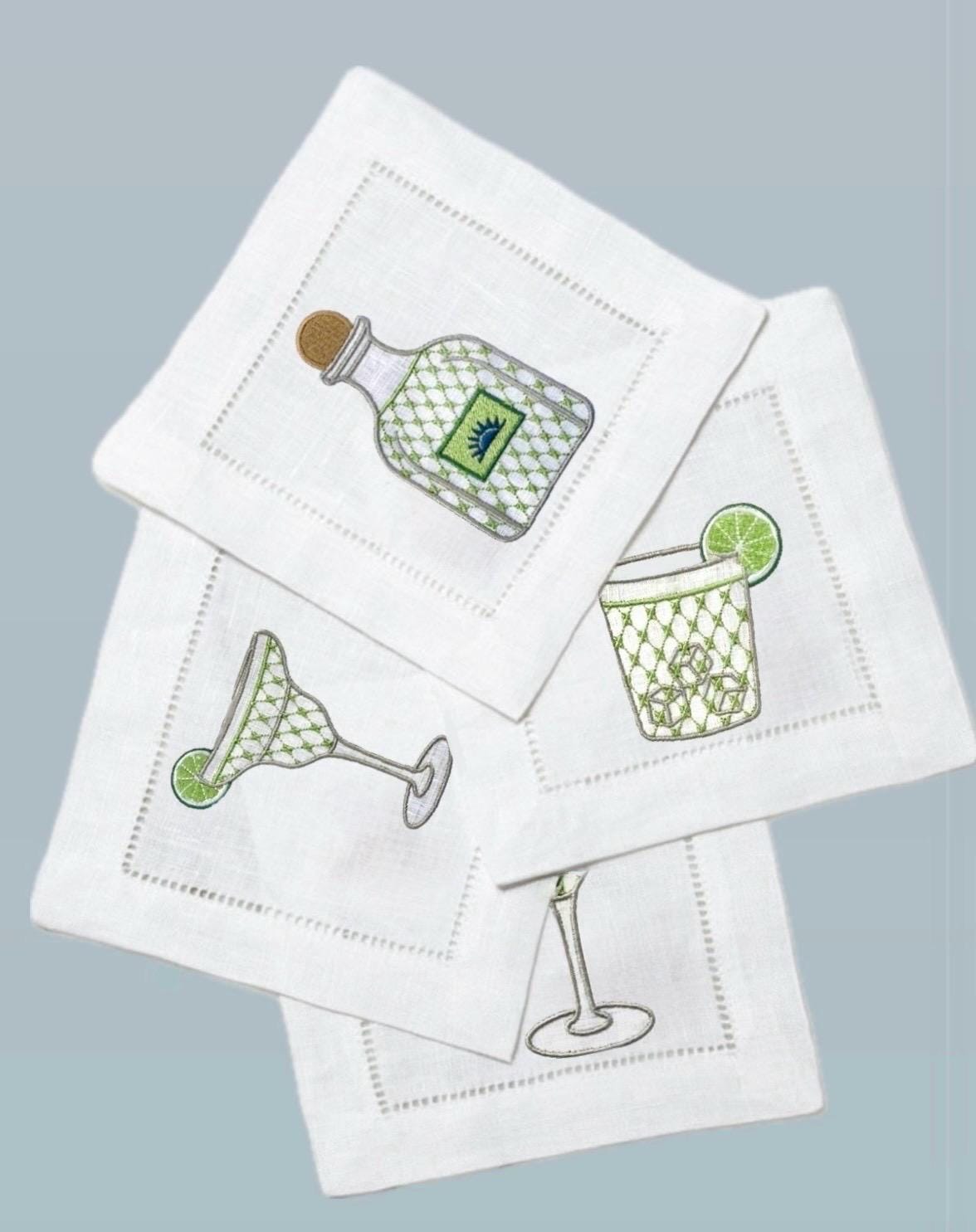 Tequila Embroidered Linen Cocktail Napkins Embroidered Cocktails hemstitched Monogramed Cocktail Napkins brodées Aperitivo coasters