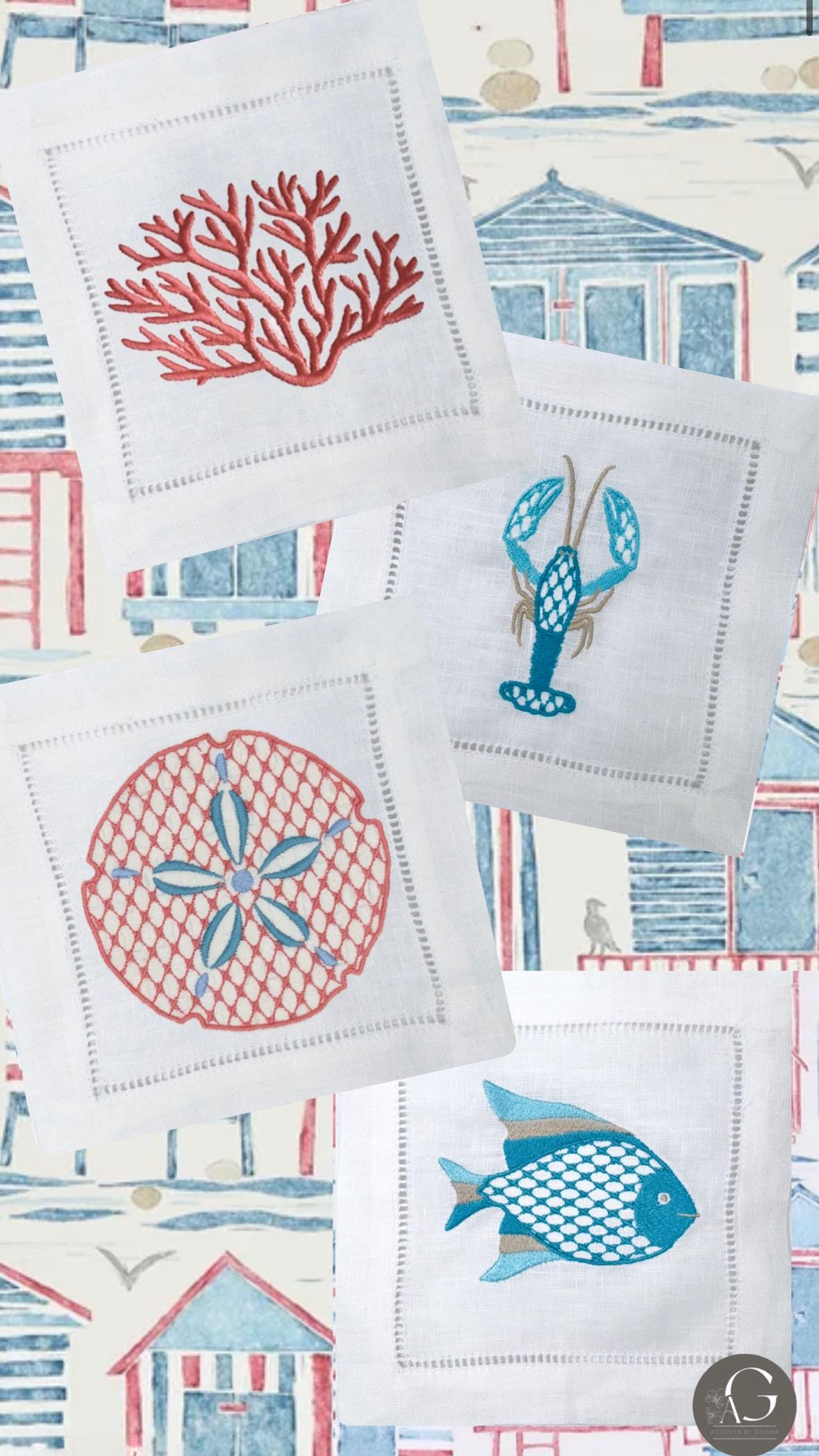 Linen hemstitched Cocktail Napkins Coastal Cocktail Napkins Embroidered Cocktail Napkin/Cocktail brodées Serviette en lin/Aperitivo coasters