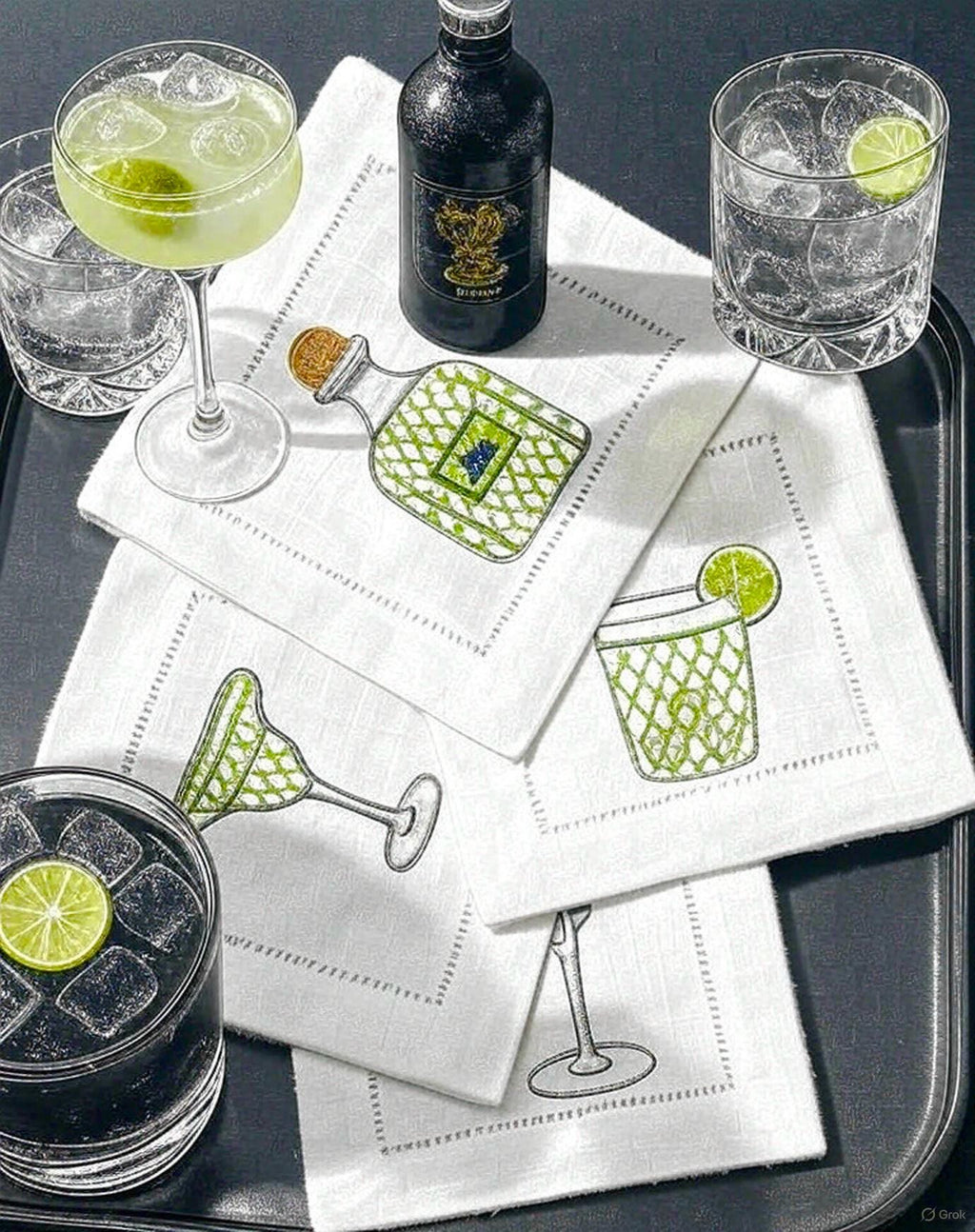 Tequila Embroidered Linen Cocktail Napkins Embroidered Cocktails hemstitched Monogramed Cocktail Napkins brodées Aperitivo coasters