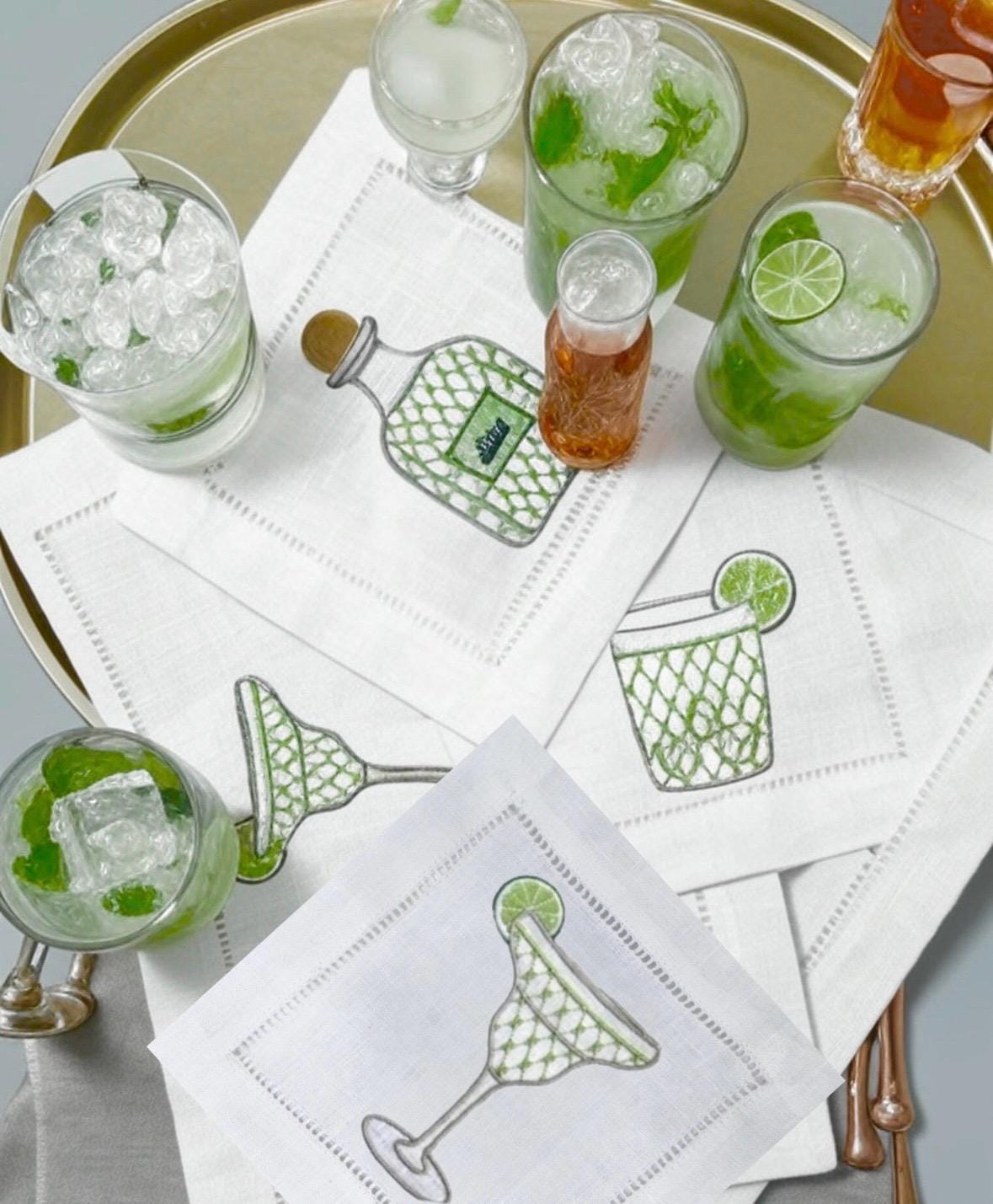 Tequila Embroidered Linen Cocktail Napkins Embroidered Cocktails hemstitched Monogramed Cocktail Napkins brodées Aperitivo coasters