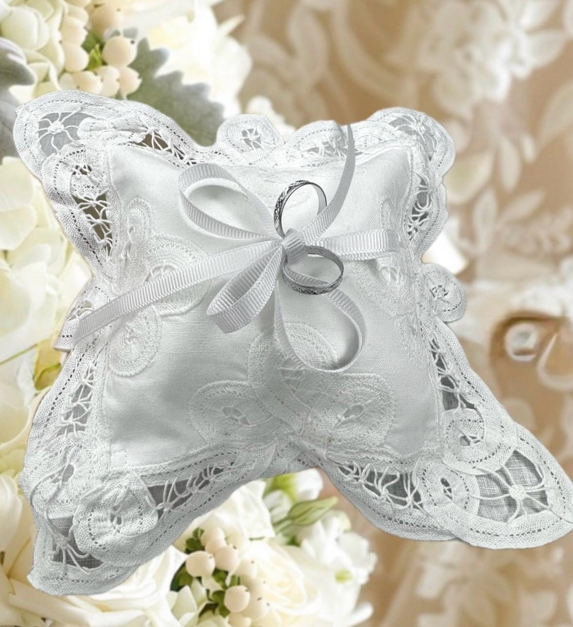Ring bearer pillow Linen Battenberg Brussels lace Wedding Ring holder pillow bridal keepsake Engagement wedding proposal Ring cushion