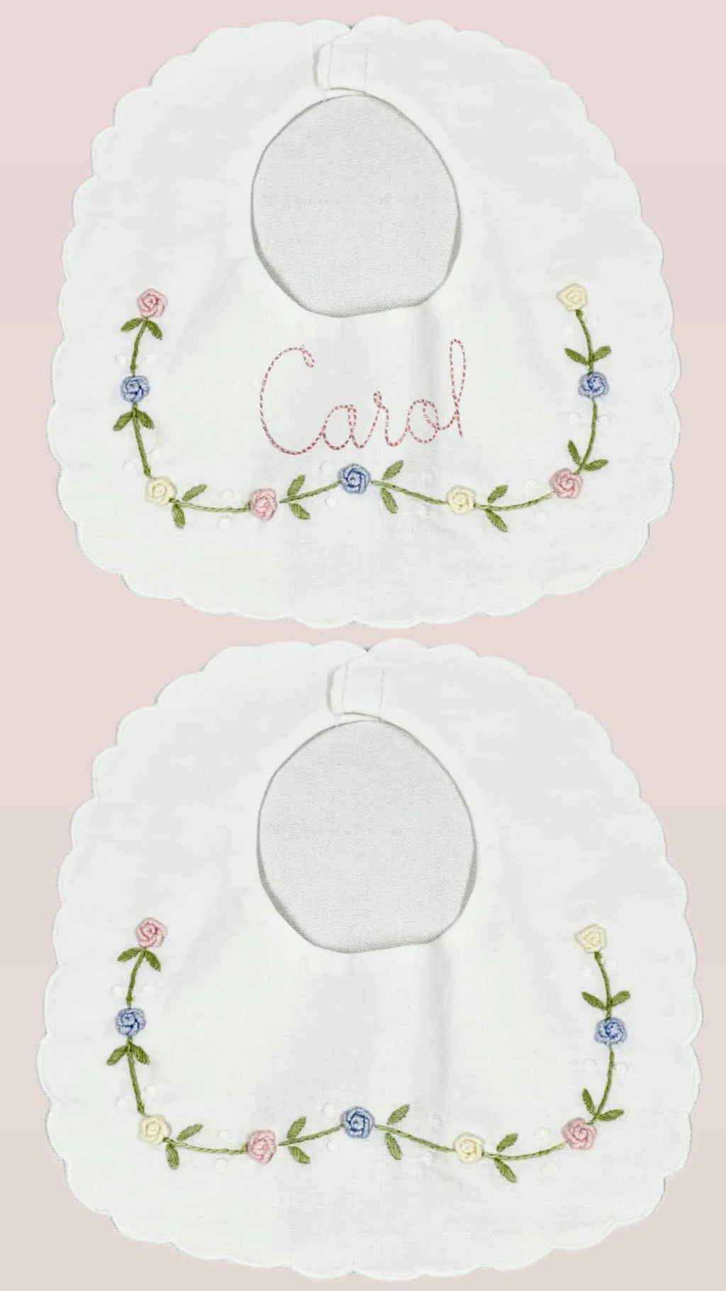 Personalized Baby Bib Pastel Roses Heirloom Linen Bib Bowknot flowers Bib God Child Baby Girl bib Christening Baptismal first birthday bib