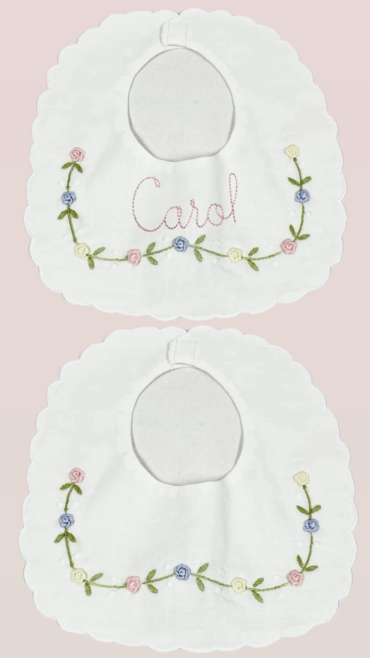 Personalized Baby Bib Pastel Roses Heirloom Linen Bib Bowknot flowers Bib God Child Baby Girl bib Christening Baptismal first birthday bib