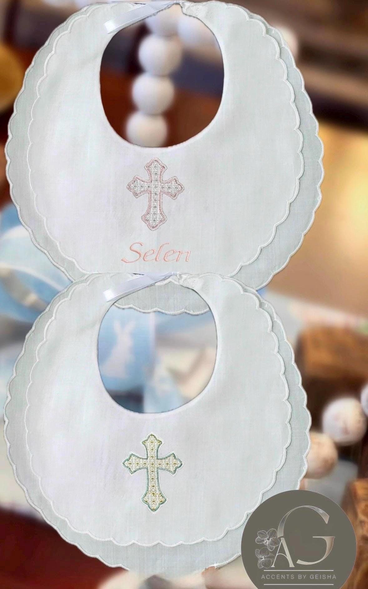 Personalized Baby Bib Double Scalloped Heirloom SwissDot Linen Bib God Child Baby Boy Baby Girl Christening Baptismal first birthday bib