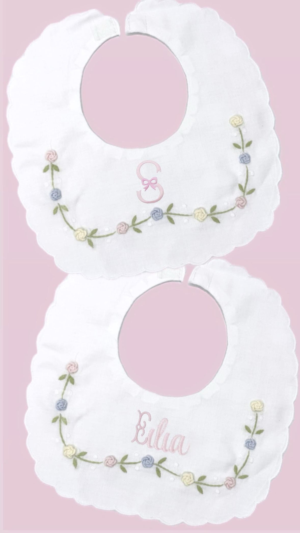Personalized Baby Bib Pastel Roses Heirloom Linen Bib Bowknot flowers Bib God Child Baby Girl bib Christening Baptismal first birthday bib