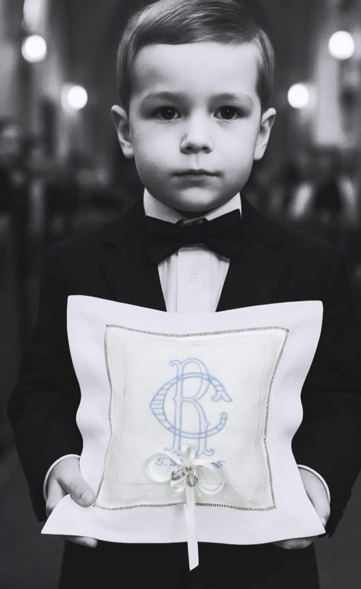 Ring Bearer personalized linen hemstitched white pillow embroidered Monogrammed Ring Bearer Pillow embroidered initials bridal decor Wedding