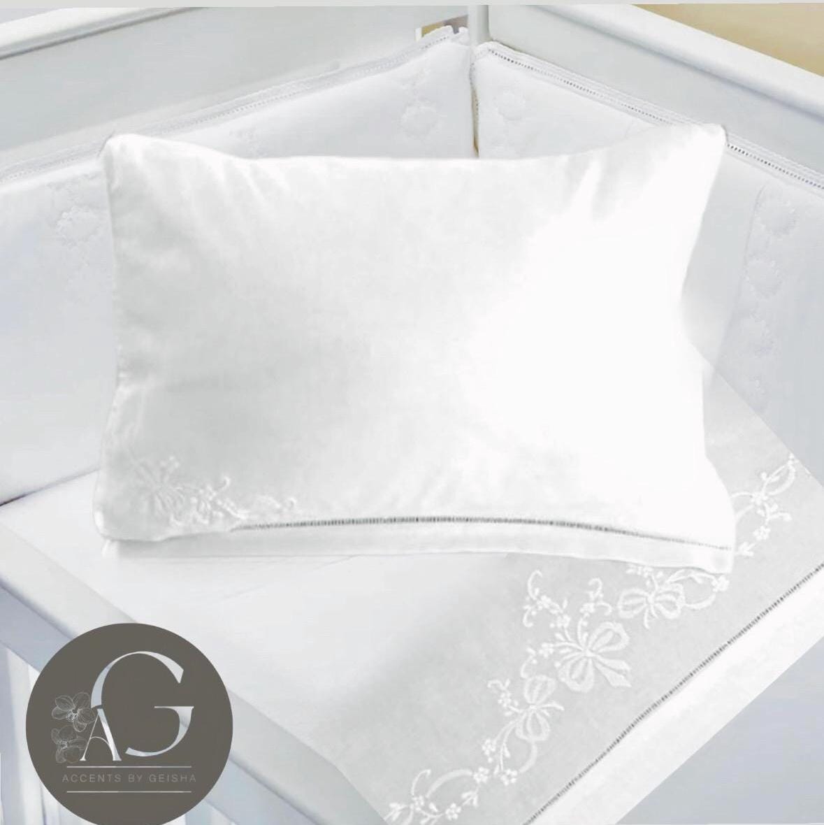 Baby Crib sheet set linen baby flat sheet and pillow embroidered bows and flowers baby bedding