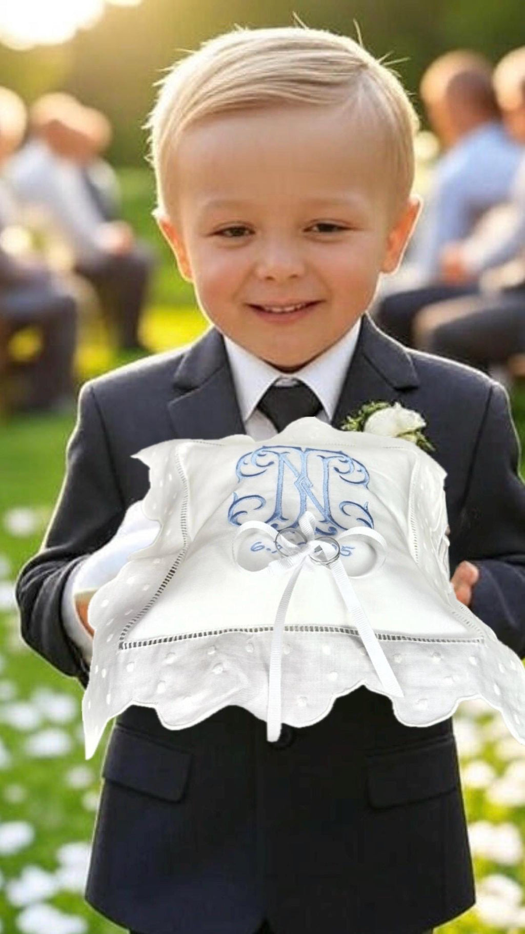 Personalized ring bearer pillow white linen embroidered initials Monogrammed wedding ring pillow ring cushion Custom ring bearer pillow