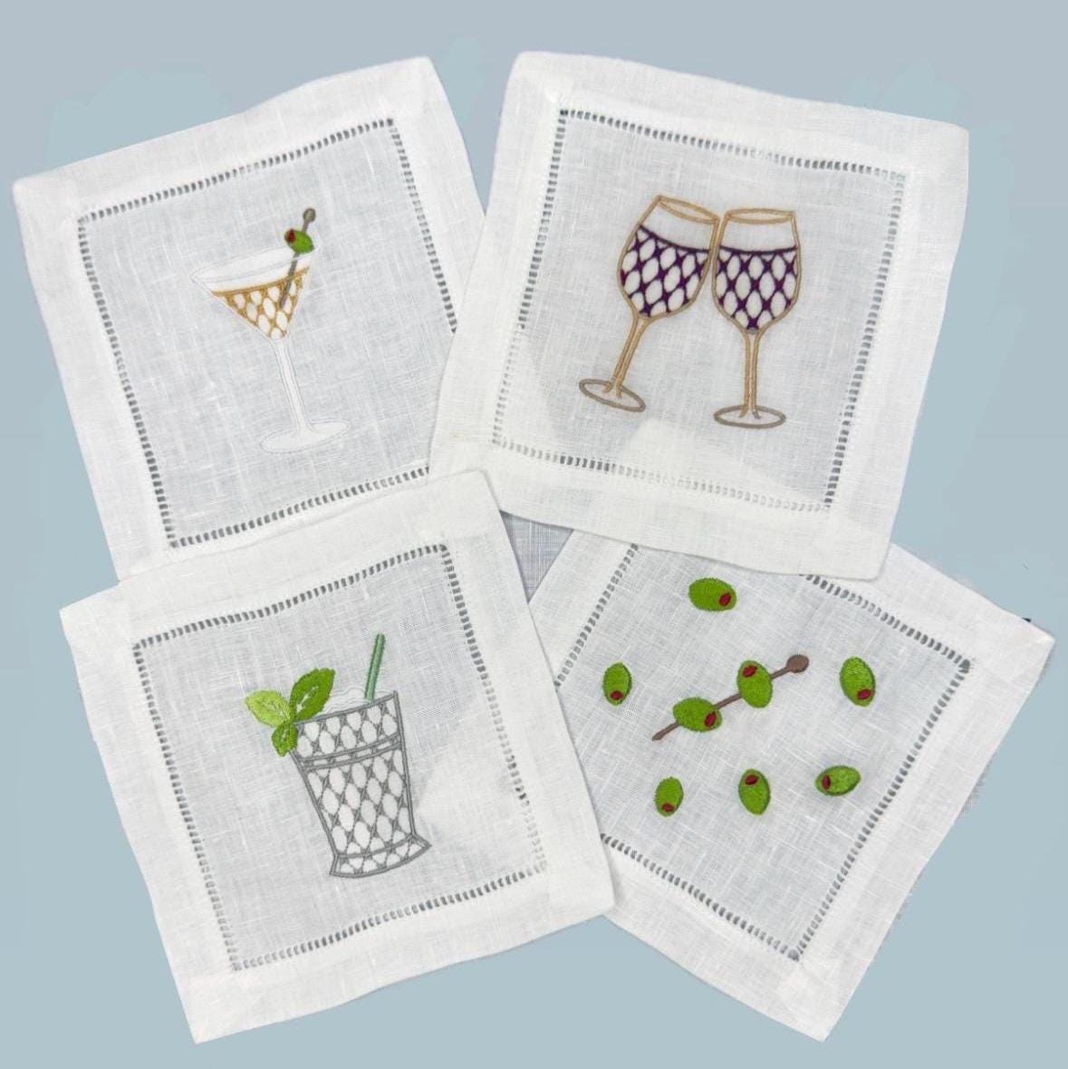 Embroidered Linen Cocktail Napkins: Aperitivo Drink Coasters