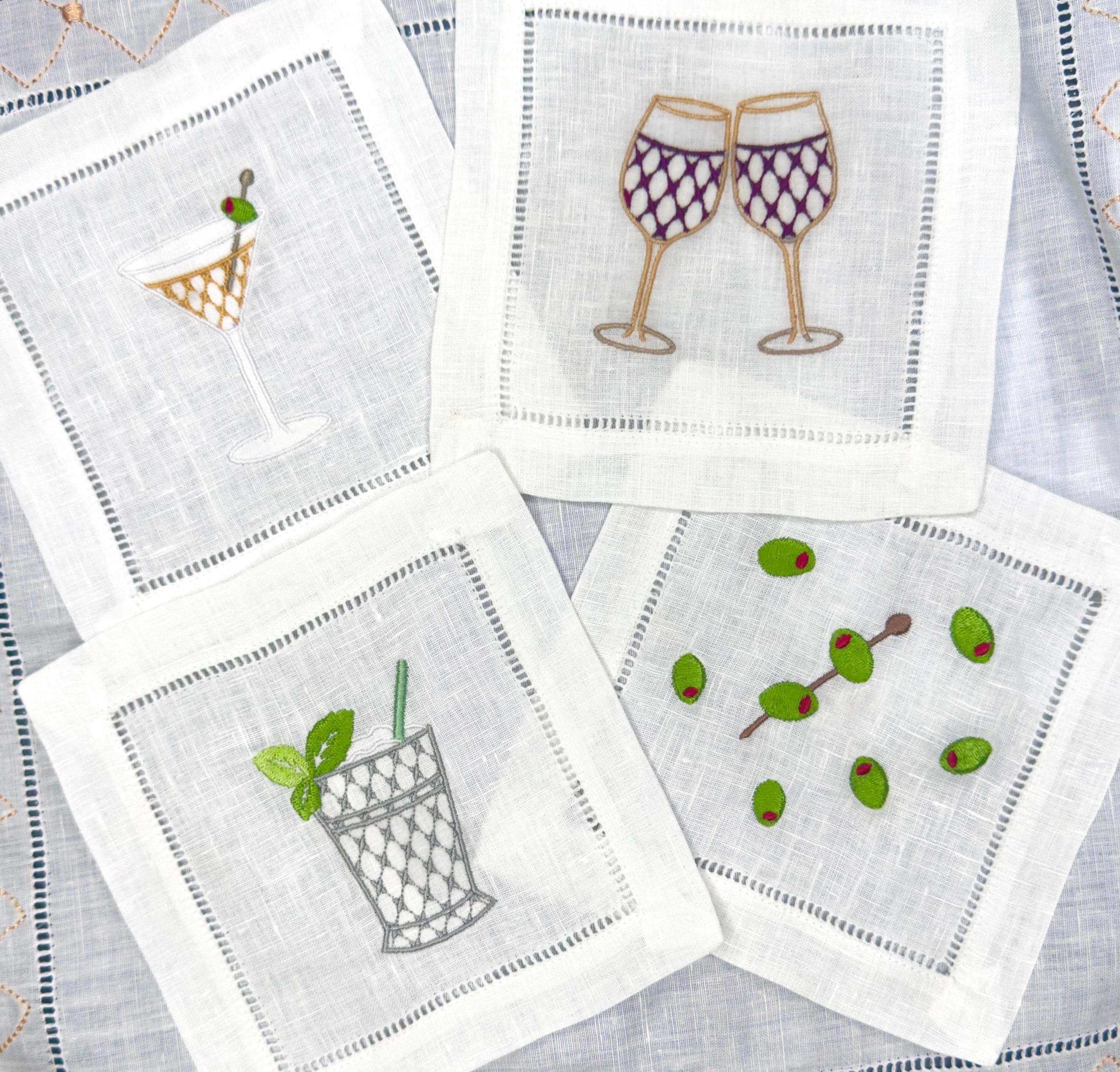 Embroidered Linen Cocktail Napkins: Aperitivo Drink Coasters
