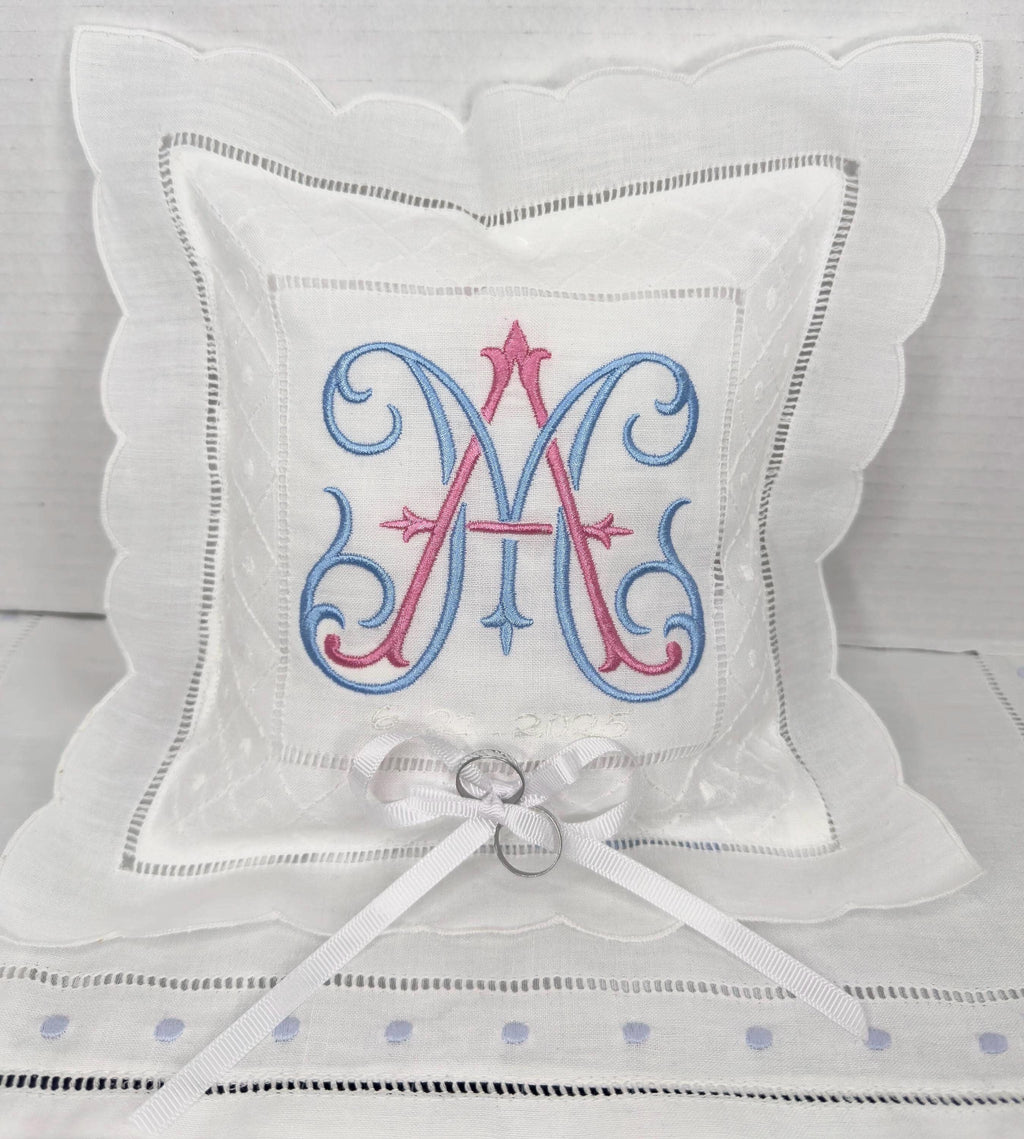 Monogrammed Linen Ring Bearer Pillow,Scallop hemstitched Swiss dots pillow embroidered initials wedding bands Pillow marriage bridal decor