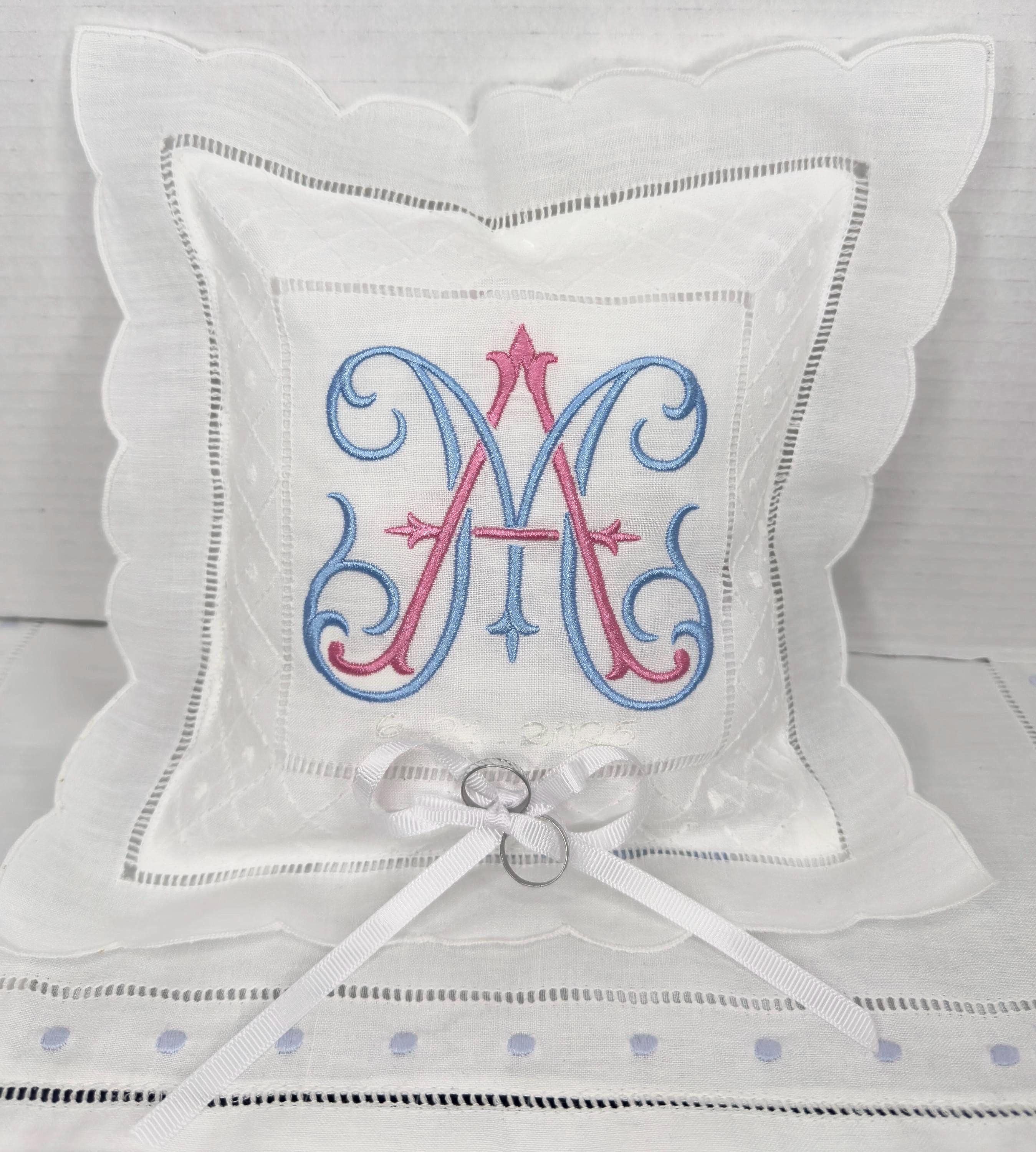 Monogrammed Linen Ring Bearer Pillow,Scallop hemstitched Swiss dots pillow embroidered initials wedding bands Pillow marriage bridal decor