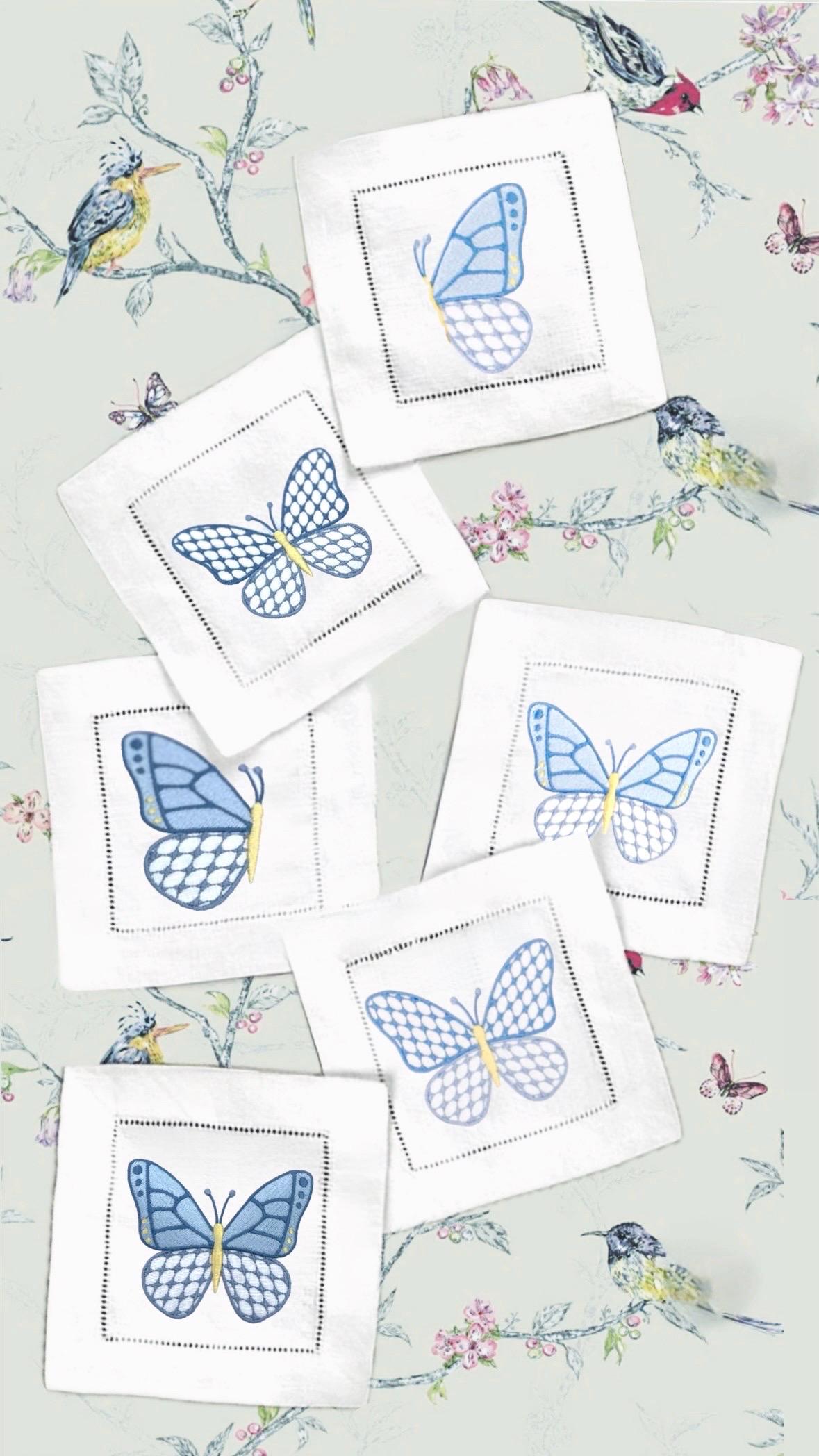 Linen hemstitched butterfly Embroidered Cocktail Napkin Monogram Cocktail Napkin  Napkin Cocktail brodées Serviette en lin Aperitivo coaster