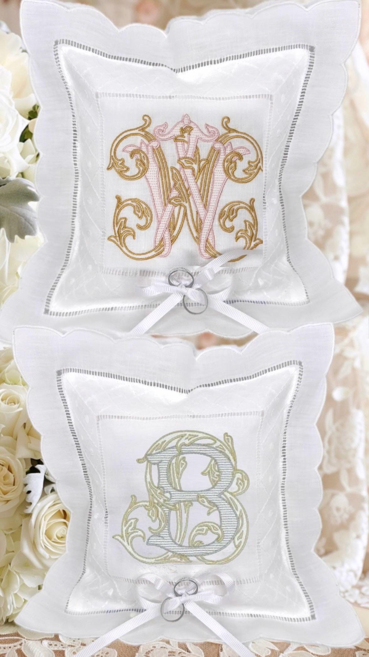 Monogrammed Linen Ring Bearer Pillow,Scallop hemstitched Swiss dots pillow embroidered initials wedding bands Pillow marriage bridal decor