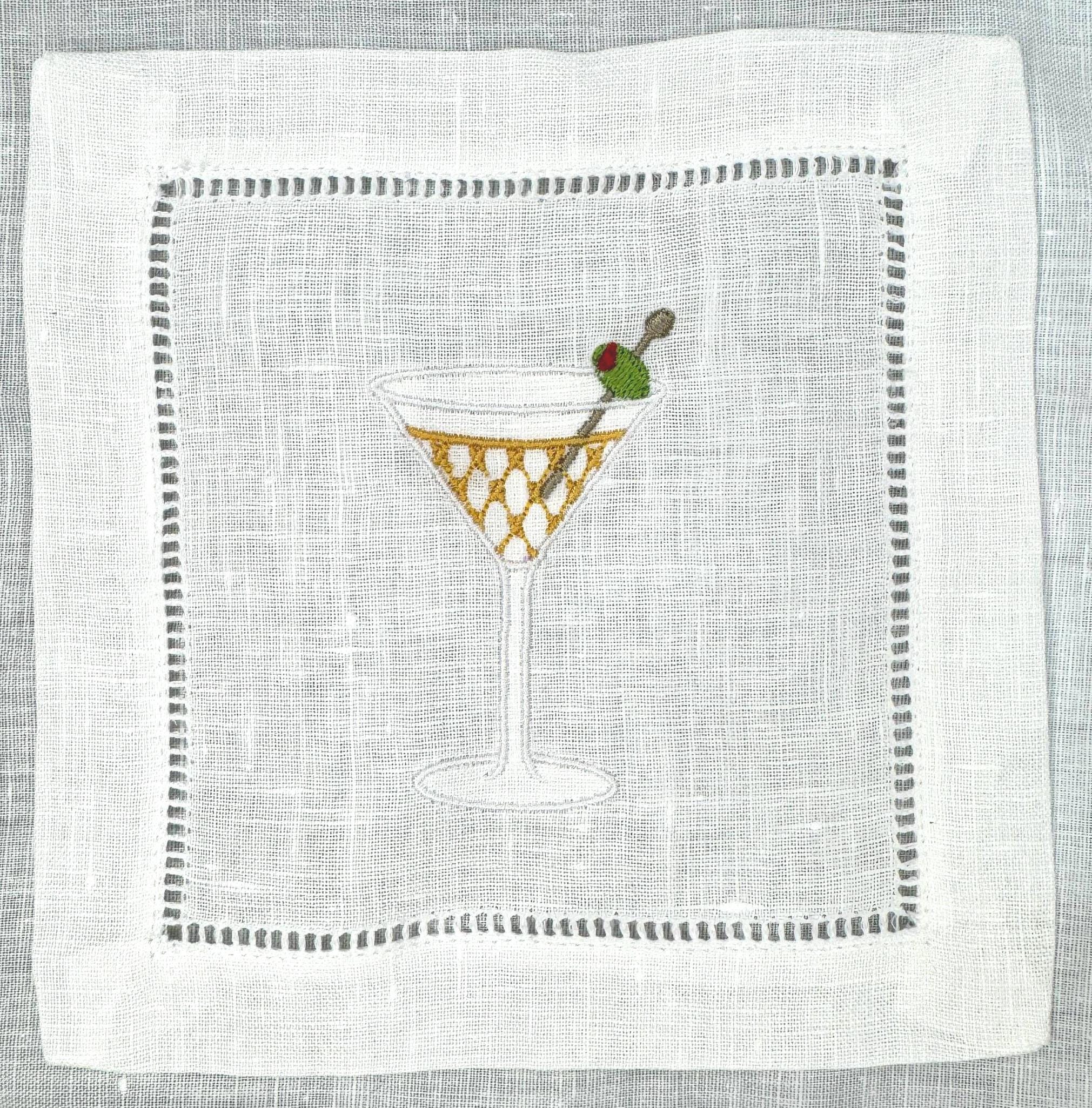 Embroidered Linen Cocktail Napkins: Aperitivo Drink Coasters