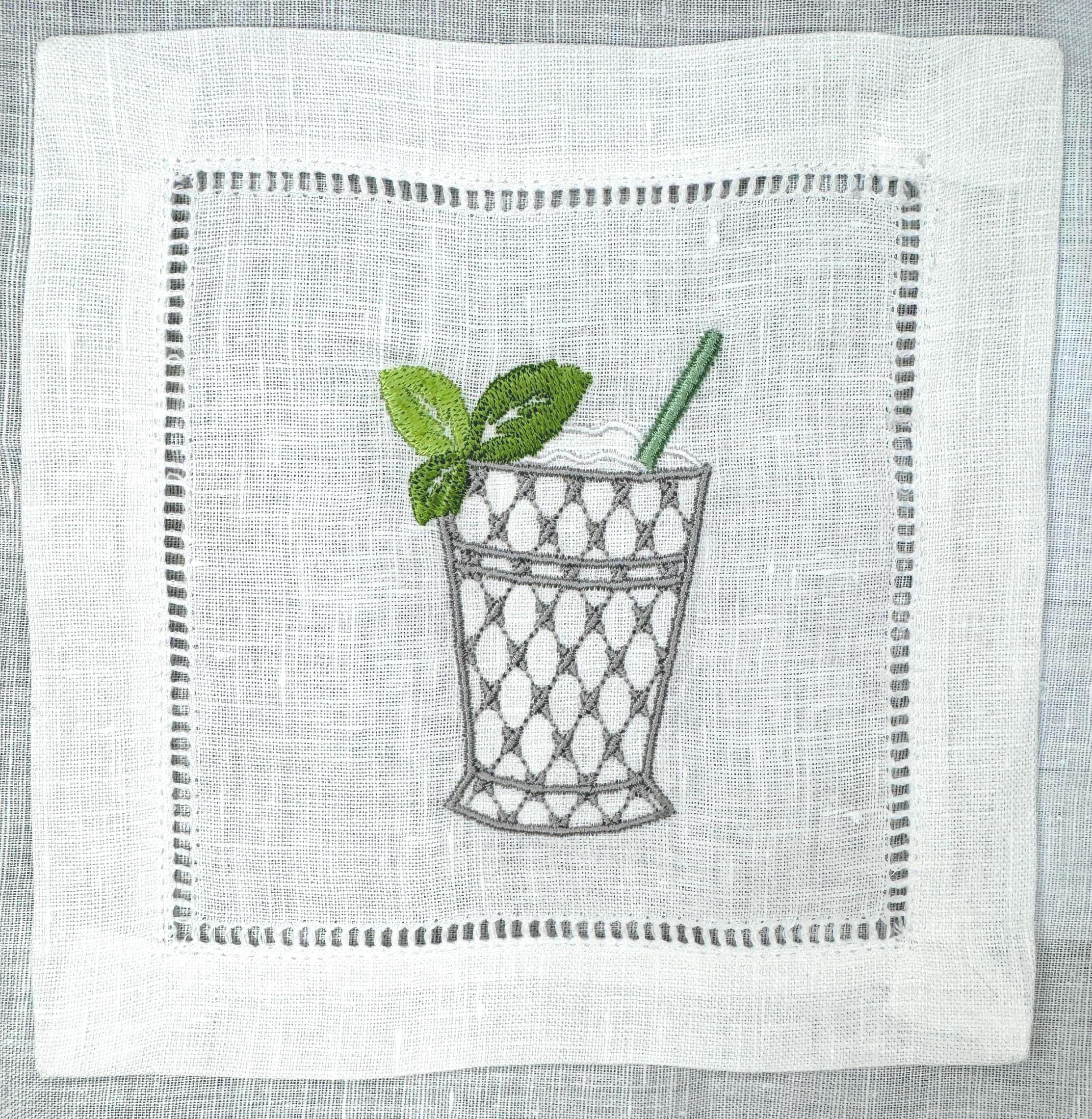 Embroidered Linen Cocktail Napkins: Aperitivo Drink Coasters