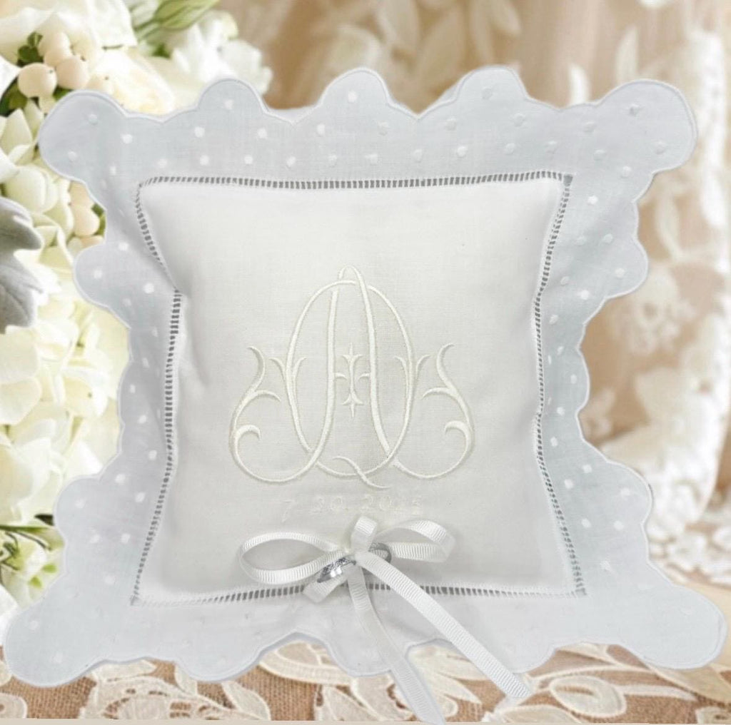 Personalized ring bearer pillow white linen embroidered initials Monogrammed wedding ring pillow ring cushion Custom ring bearer pillow