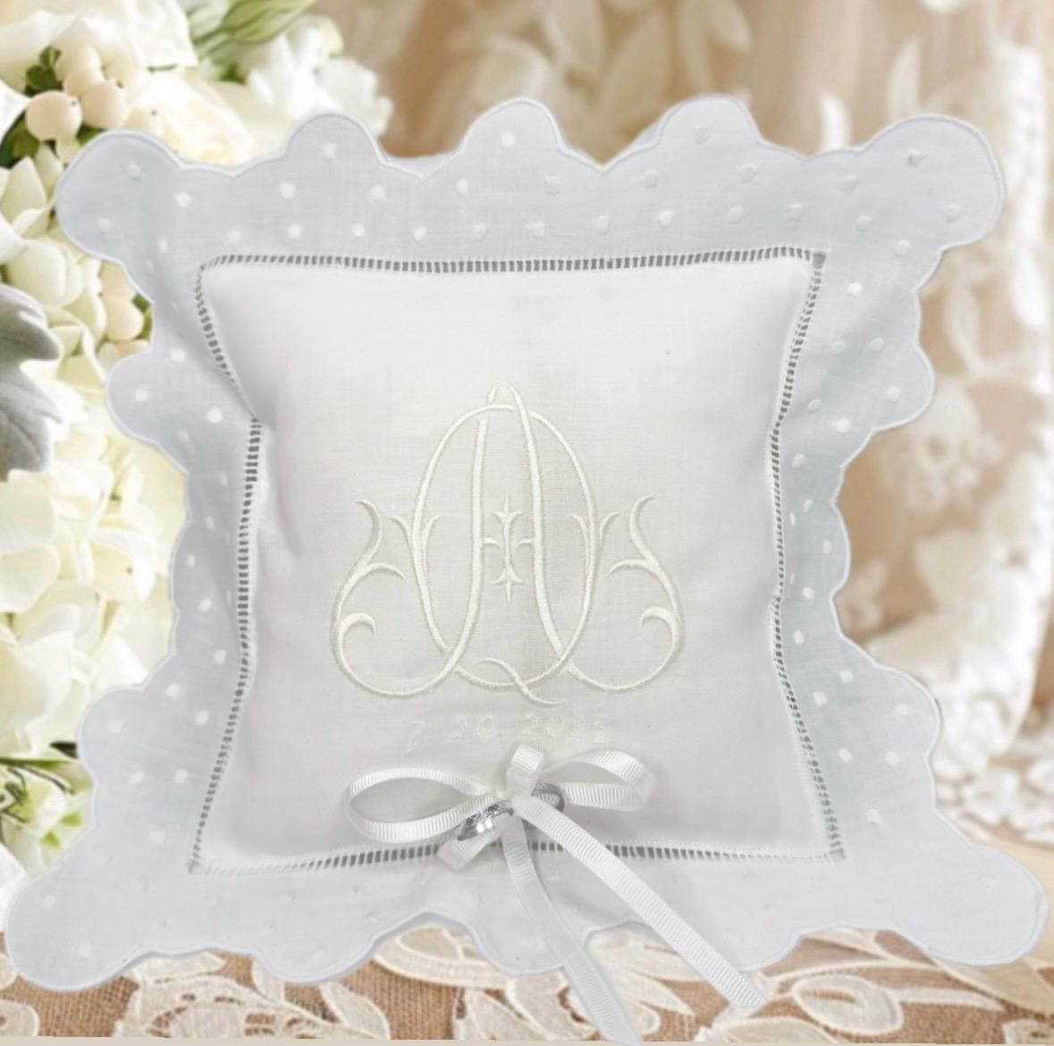 Personalized ring bearer pillow white linen embroidered initials Monogrammed wedding ring pillow ring cushion Custom ring bearer pillow