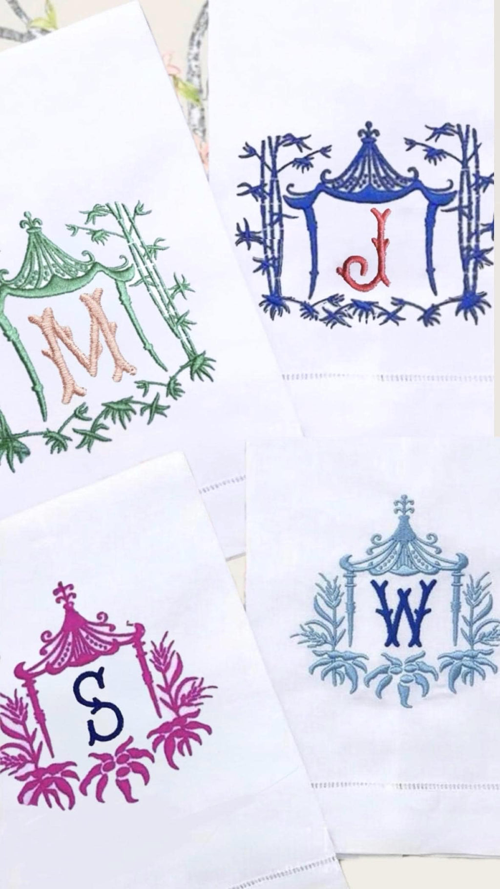 Embroidered Chinoiserie Temple Pagoda Monogram wheat Pagoda Bamboo Frame Personalized Hand Kitchen towel decor guest towels Asian embroidery