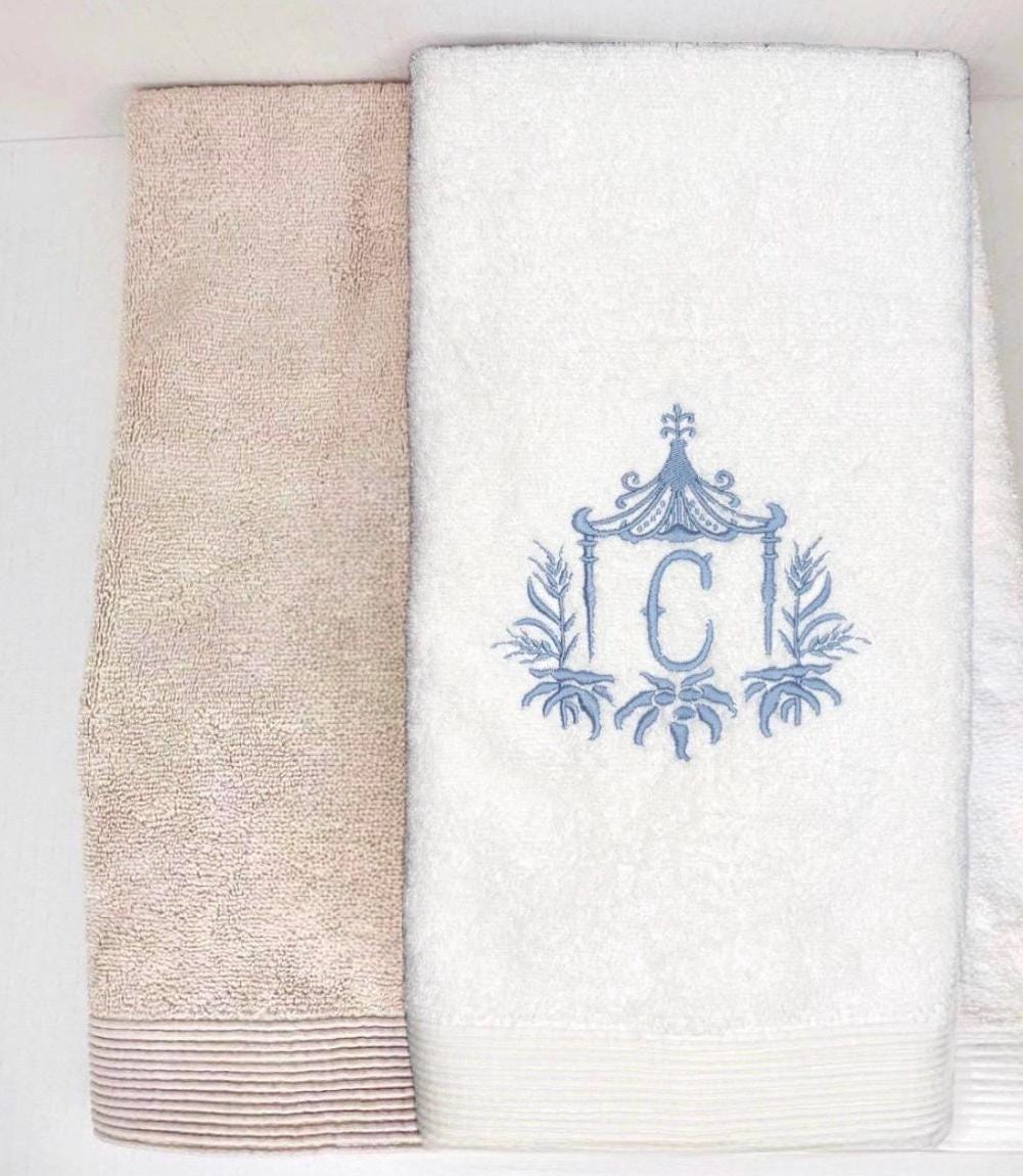 Embroidered Chinoiserie Temple Pagoda Monogram wheat Pagoda Bamboo Frame Personalized Hand Kitchen towel decor guest towels Asian embroidery