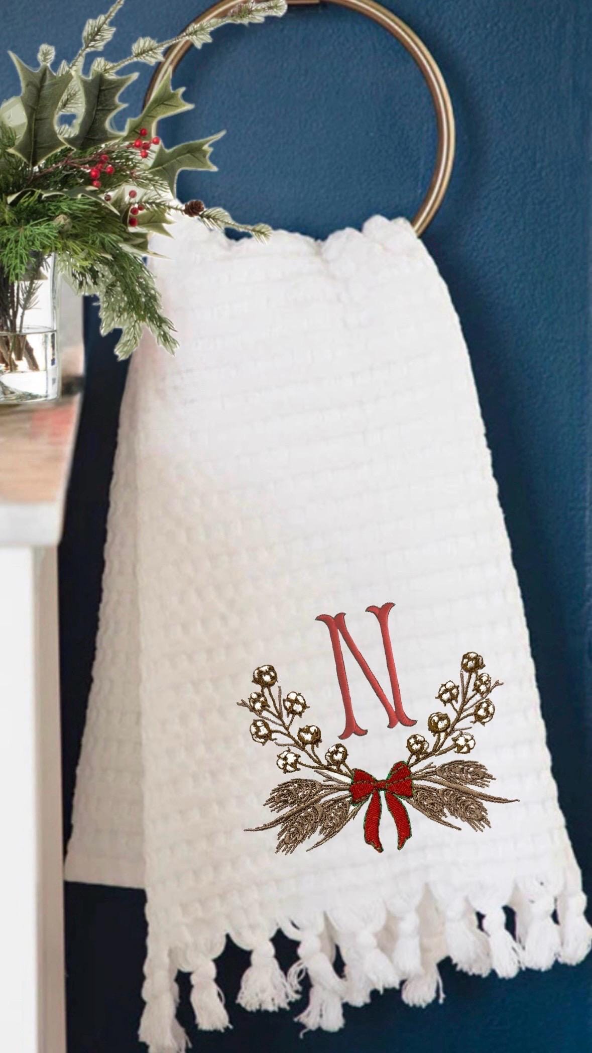 Christmas embroidered Cotton Ball branch and wheat Wreath towel Personalized wheat wreath embroidered guest bathroom towel Christmas decor