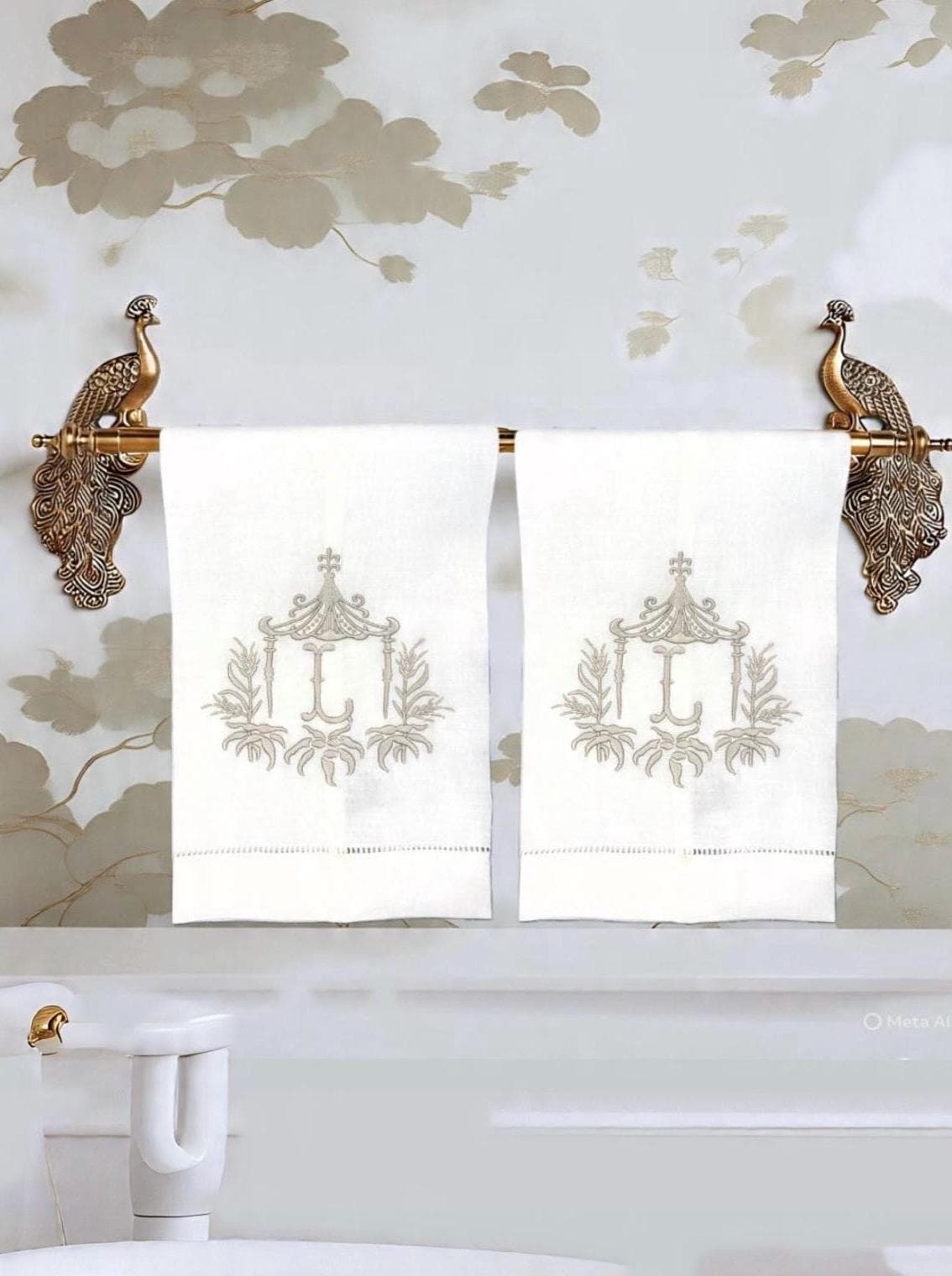 Embroidered Chinoiserie Temple Pagoda Monogram wheat Pagoda Bamboo Frame Personalized Hand Kitchen towel decor guest towels Asian embroidery