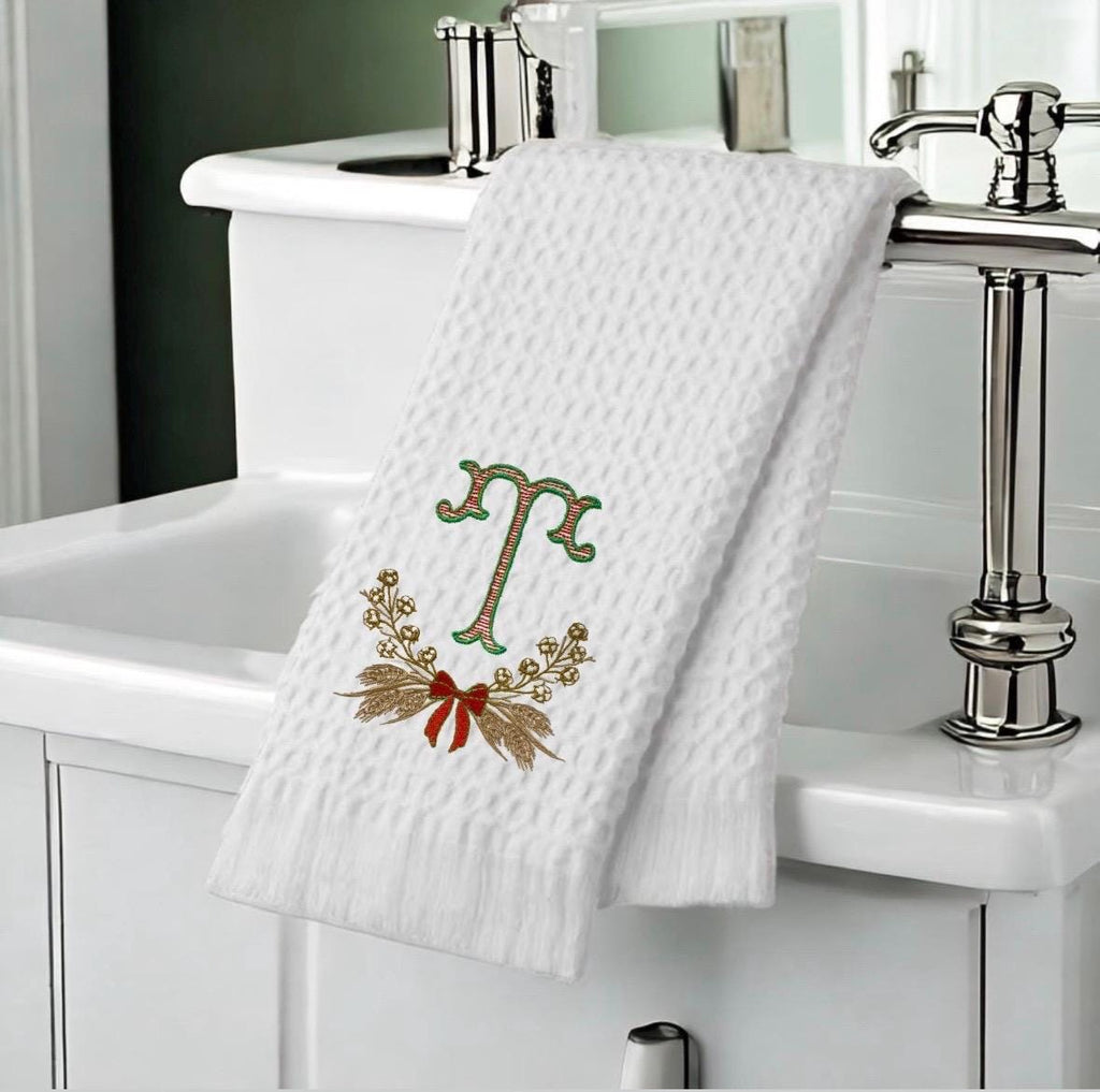 Christmas embroidered Cotton Ball branch and wheat Wreath towel Personalized wheat wreath embroidered guest bathroom towel Christmas decor