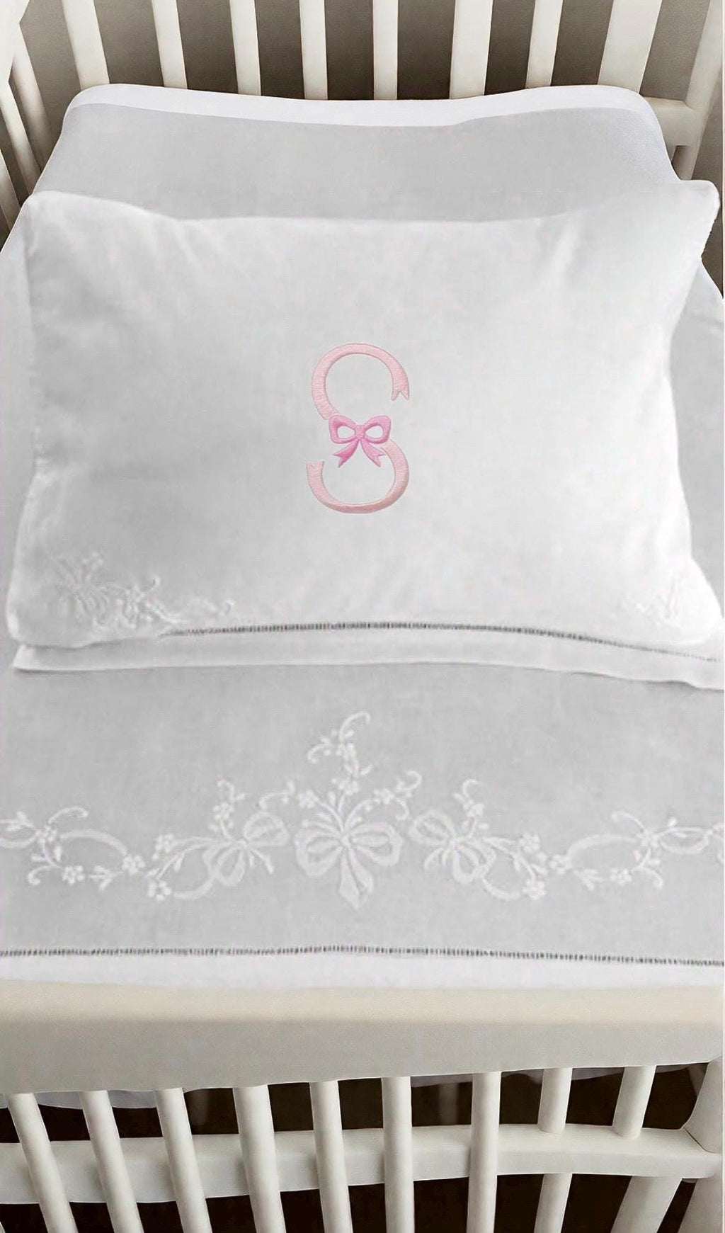 Baby Crib sheet set linen baby flat sheet and pillow embroidered bows and flowers baby bedding