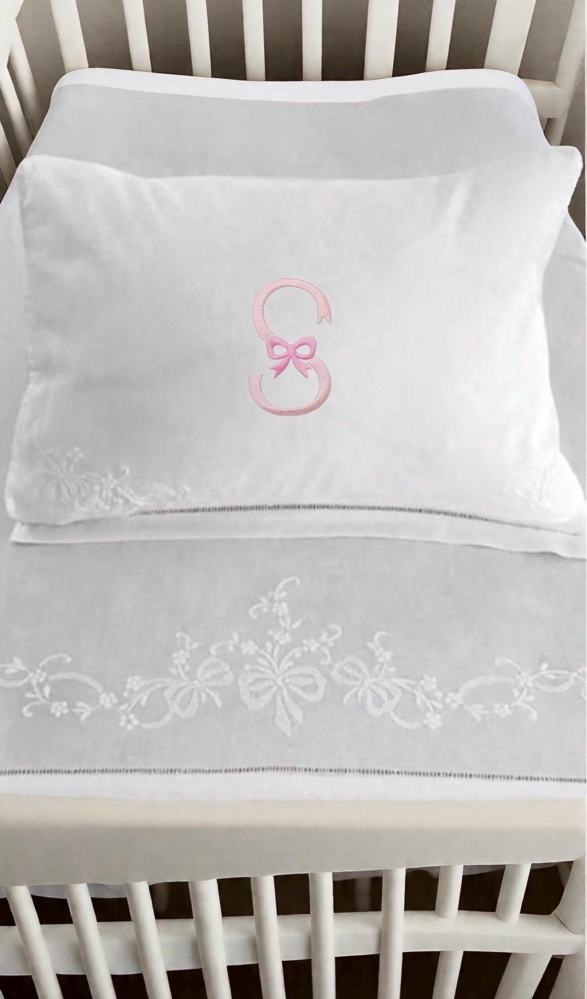 Baby Crib sheet set linen baby flat sheet and pillow embroidered bows and flowers baby bedding