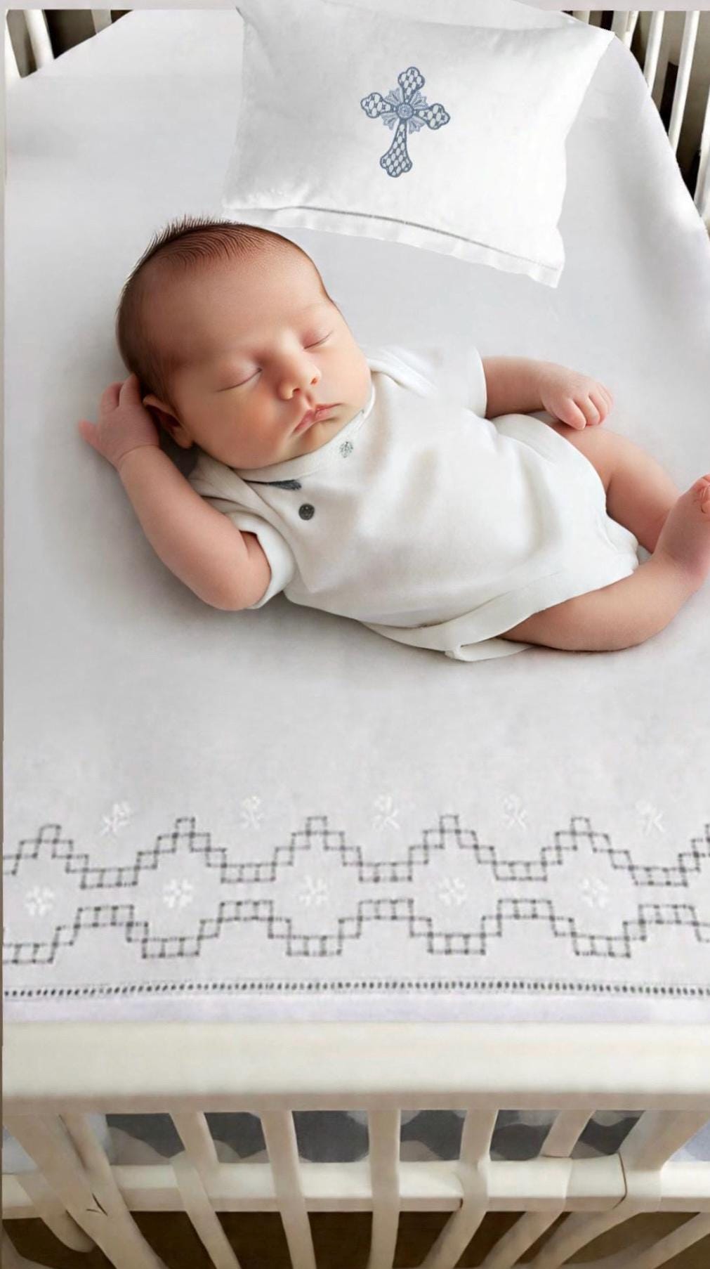 Baby Crib sheet set linen baby flat sheet and pillow embroidered bows and flowers baby bedding