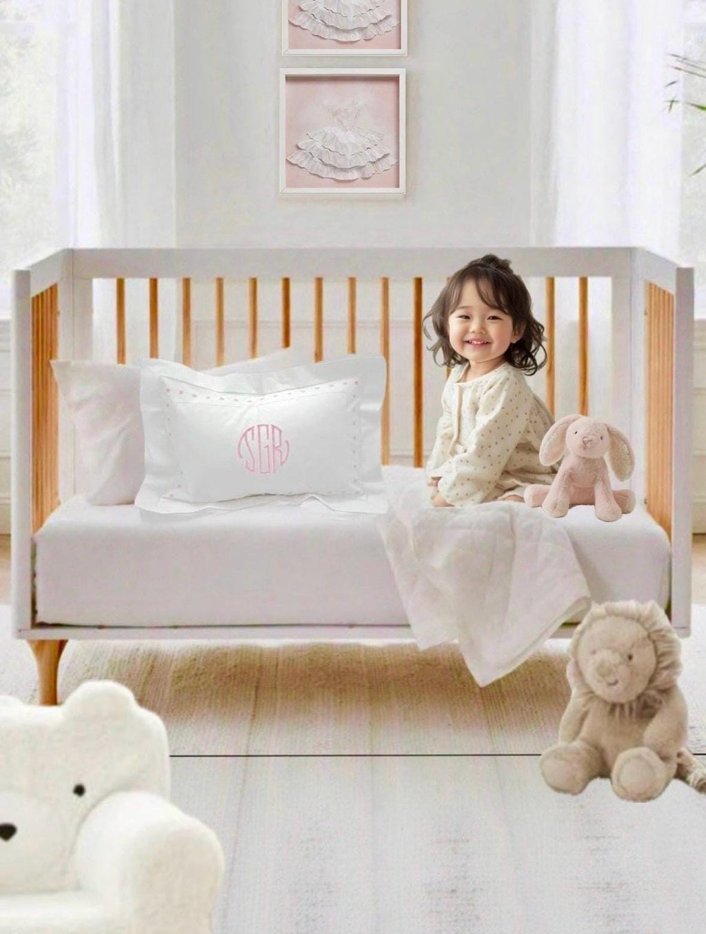 Baby linen hemstitched boudoir pillow for Baby's Nursery announcement pillow Crib Baby Shower Gift newborn babies Heirloom Embroidered Linen