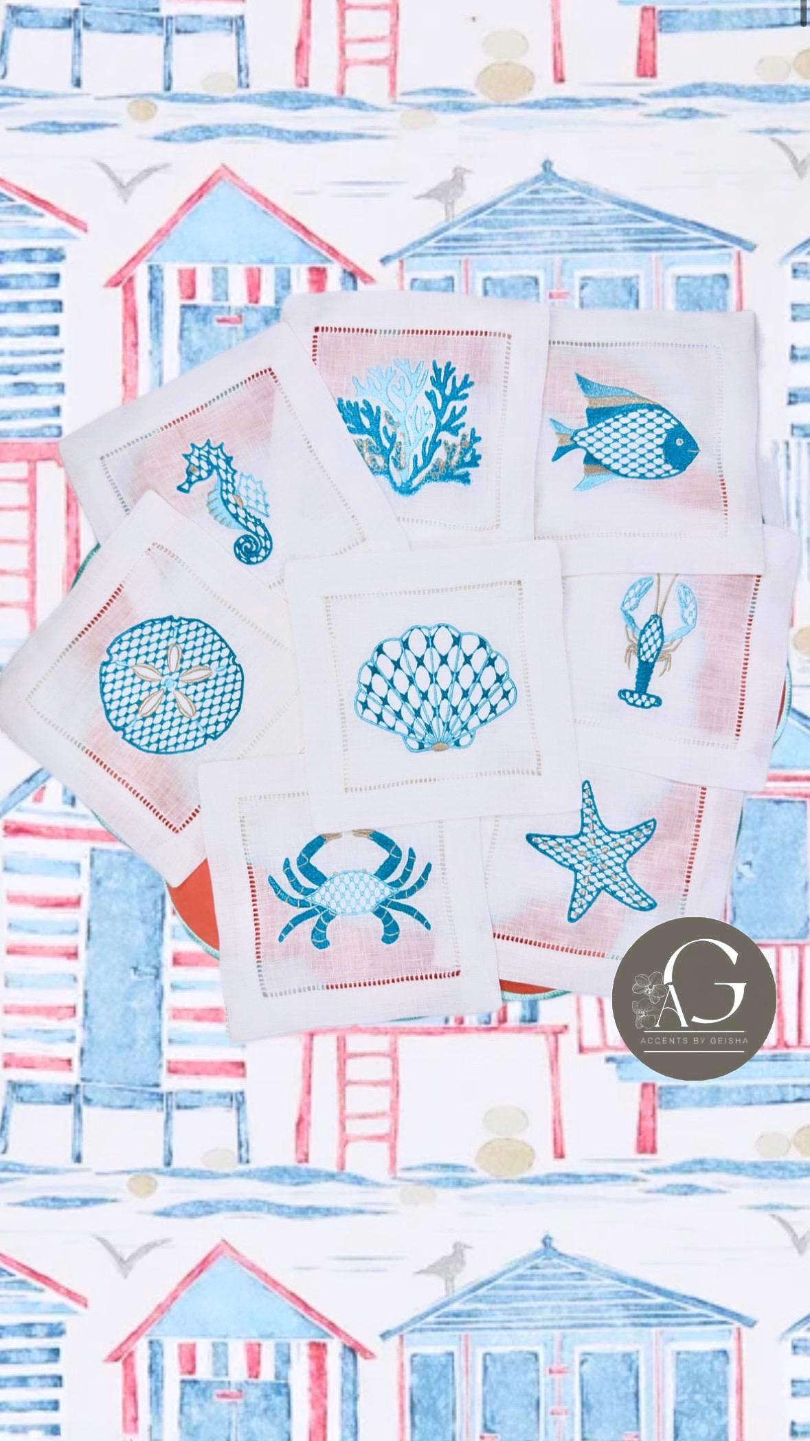 Linen hemstitched Cocktail Napkins Coastal Cocktail Napkins Embroidered Cocktail Napkin/Cocktail brodées Serviette en lin/Aperitivo coasters