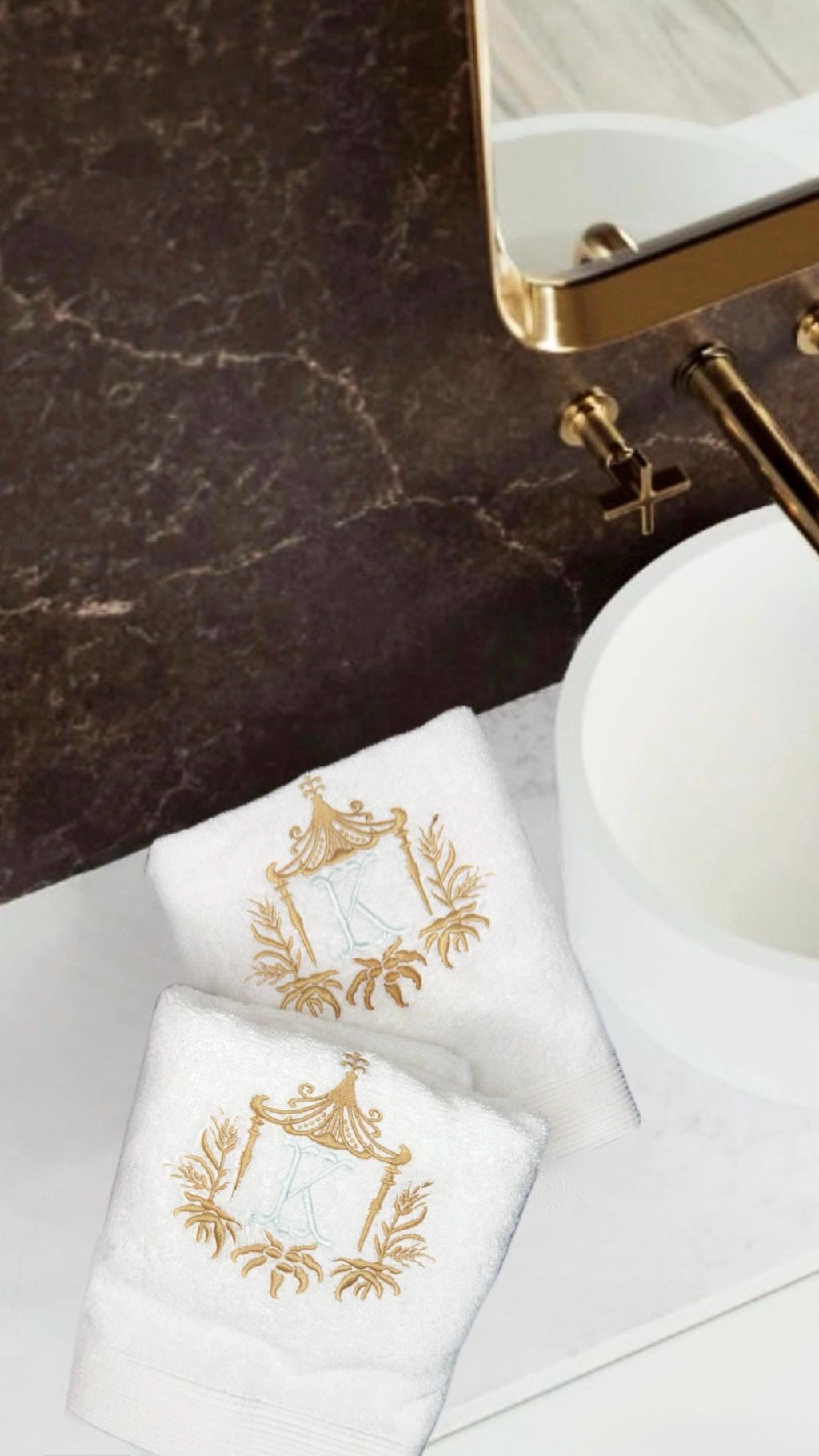Embroidered Chinoiserie Temple Pagoda Monogram wheat Pagoda Bamboo Frame Personalized Hand Kitchen towel decor guest towels Asian embroidery