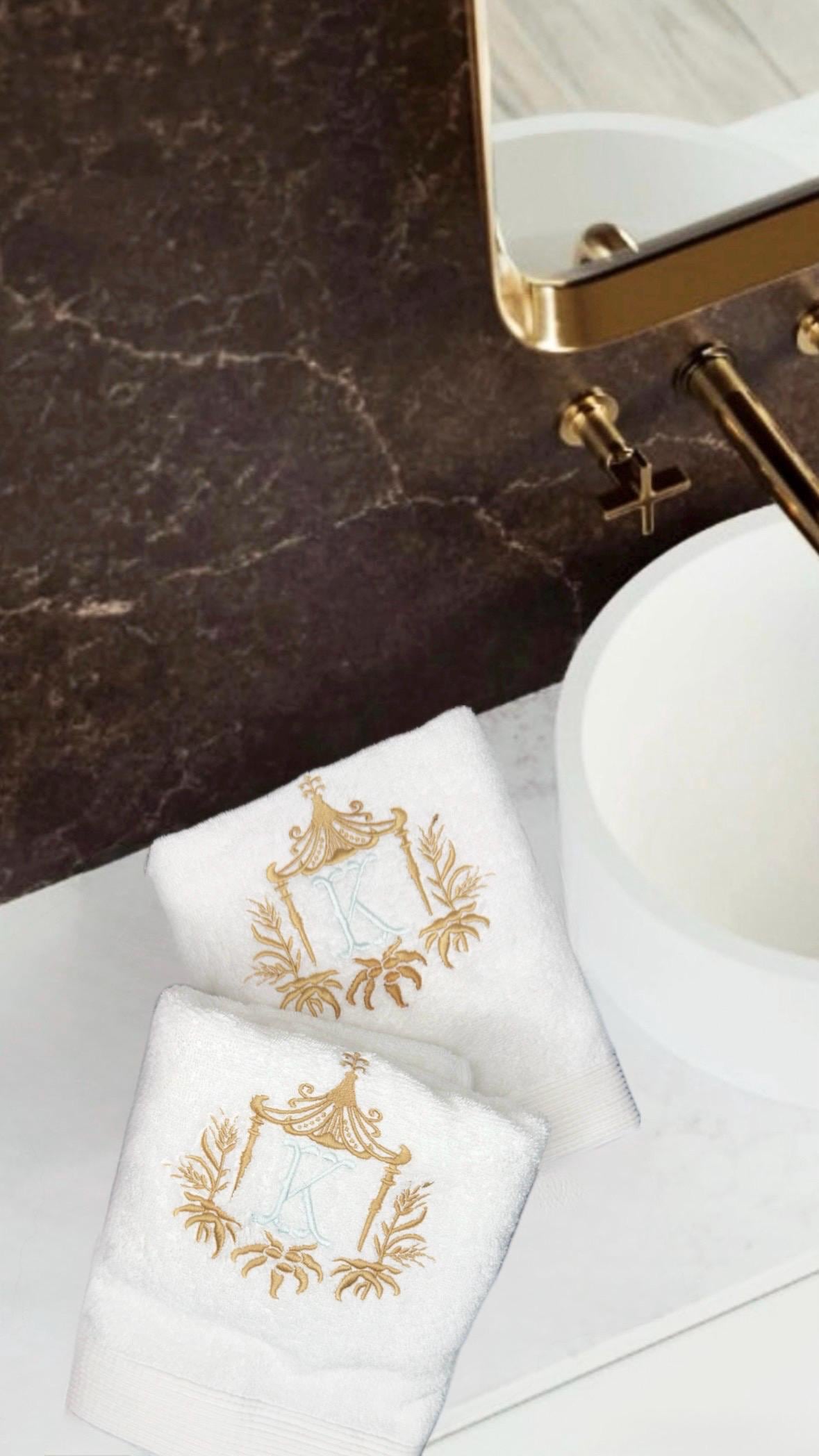 Embroidered Chinoiserie Temple Pagoda Monogram wheat Pagoda Bamboo Frame Personalized Hand Kitchen towel decor guest towels Asian embroidery