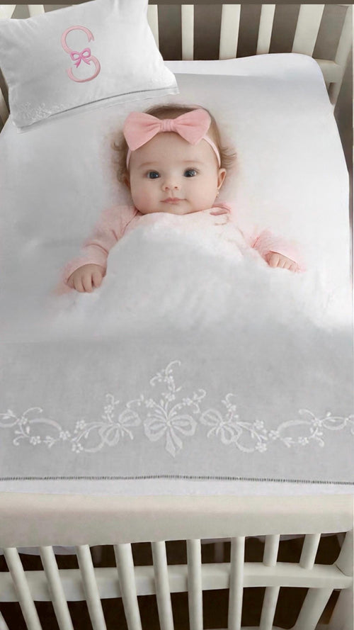 Baby Crib sheet set linen baby flat sheet and pillow embroidered bows and flowers baby bedding