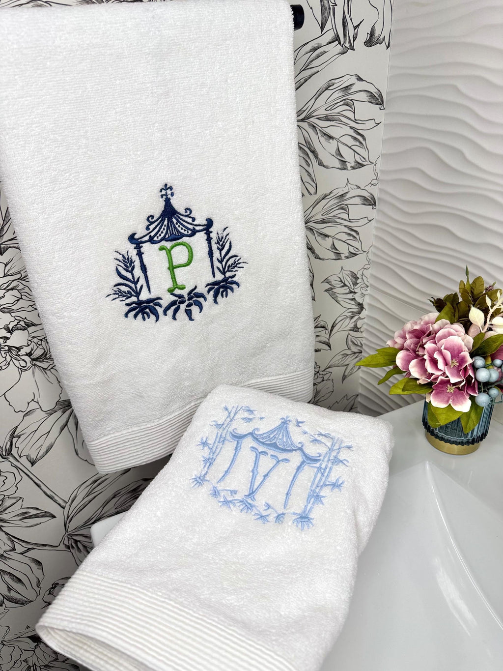 Embroidered Chinoiserie Temple Pagoda Monogram wheat Pagoda Bamboo Frame Personalized Hand Kitchen towel decor guest towels Asian embroidery