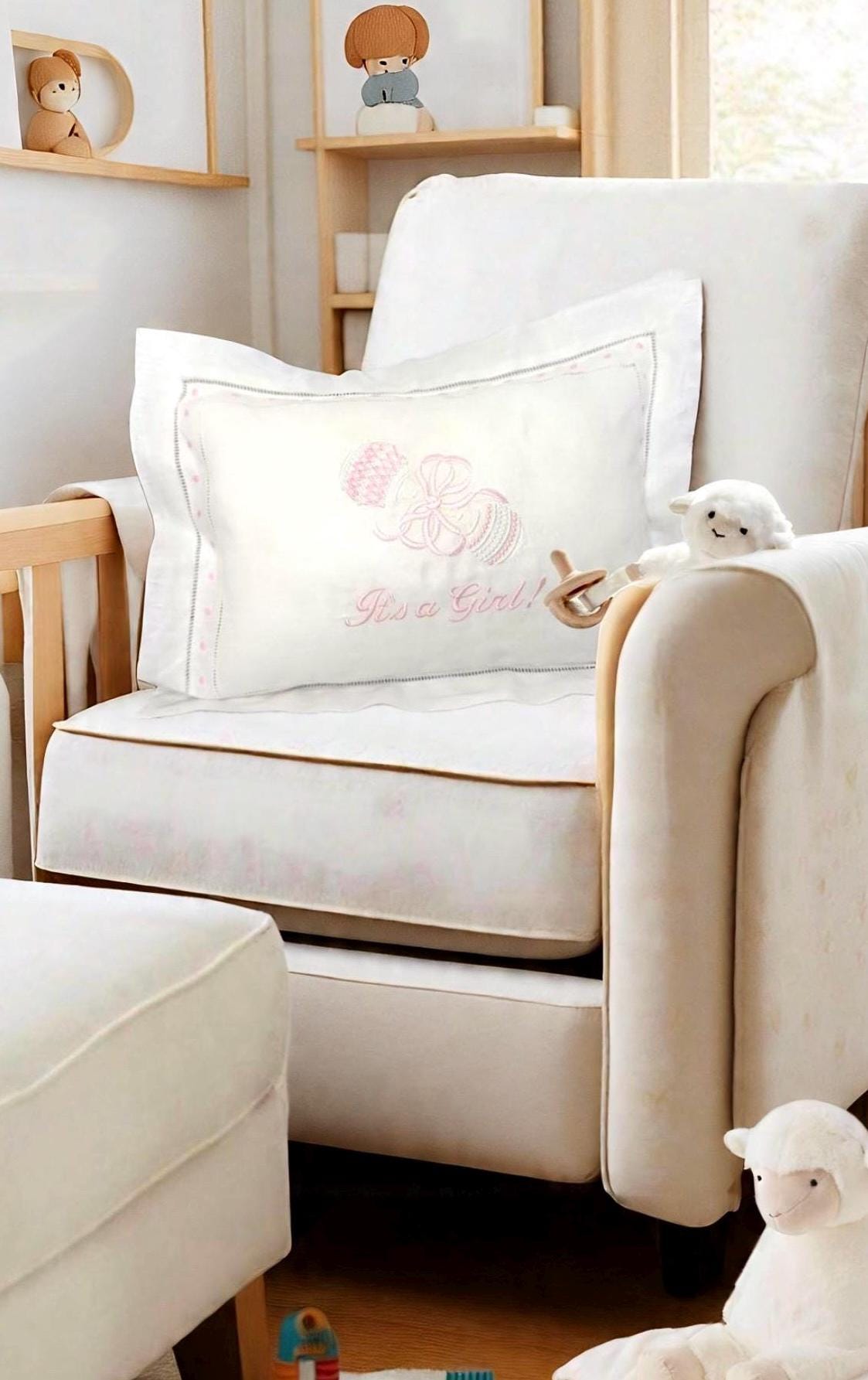 Baby linen hemstitched boudoir pillow for Baby's Nursery announcement pillow Crib Baby Shower Gift newborn babies Heirloom Embroidered Linen