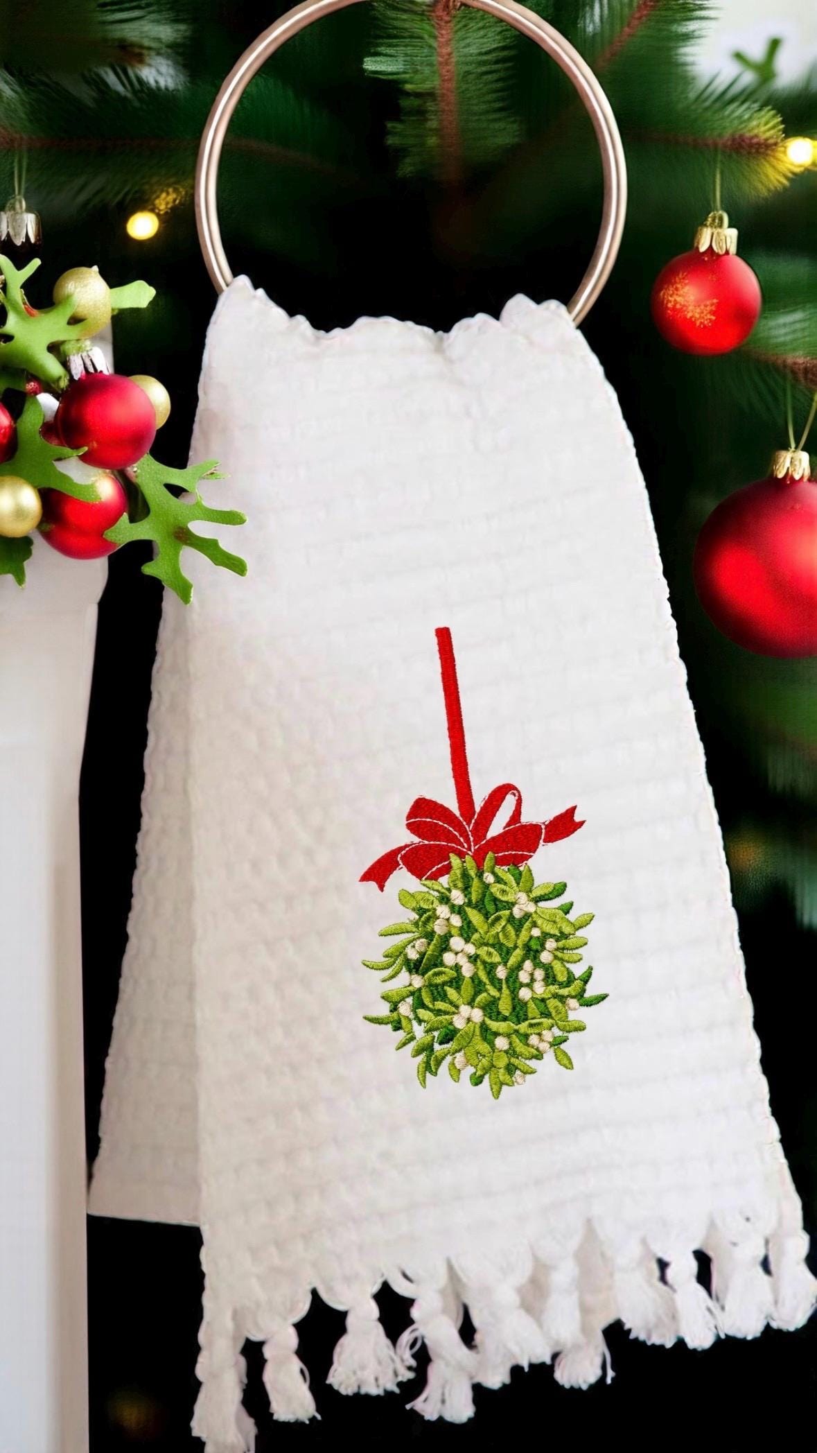 Christmas embroidered linen guest towel Personalized holiday mistletoe bathroom decor festive embroidery designs hand towels guest bathroom