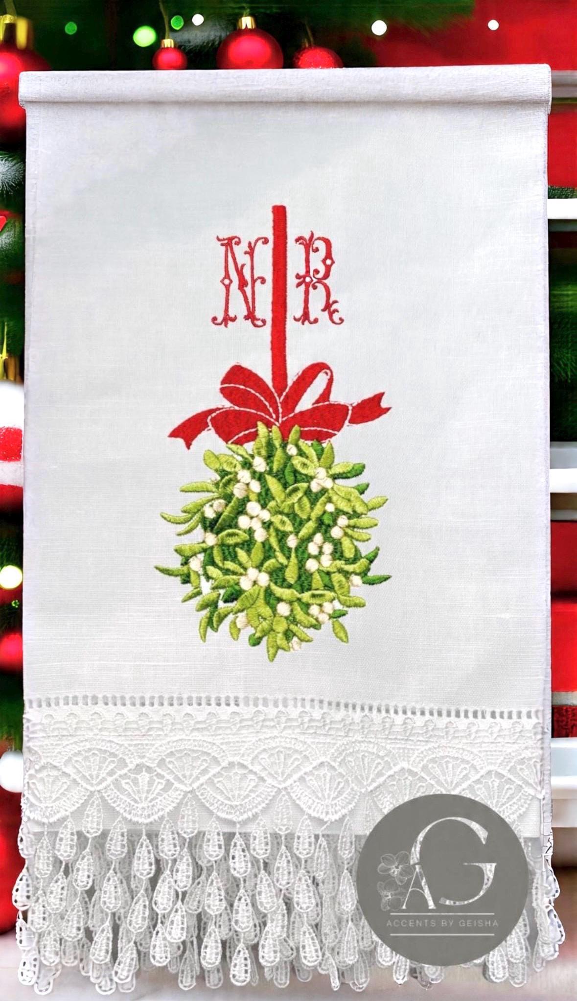 Christmas embroidered linen guest towel Personalized holiday mistletoe bathroom decor festive embroidery designs hand towels guest bathroom