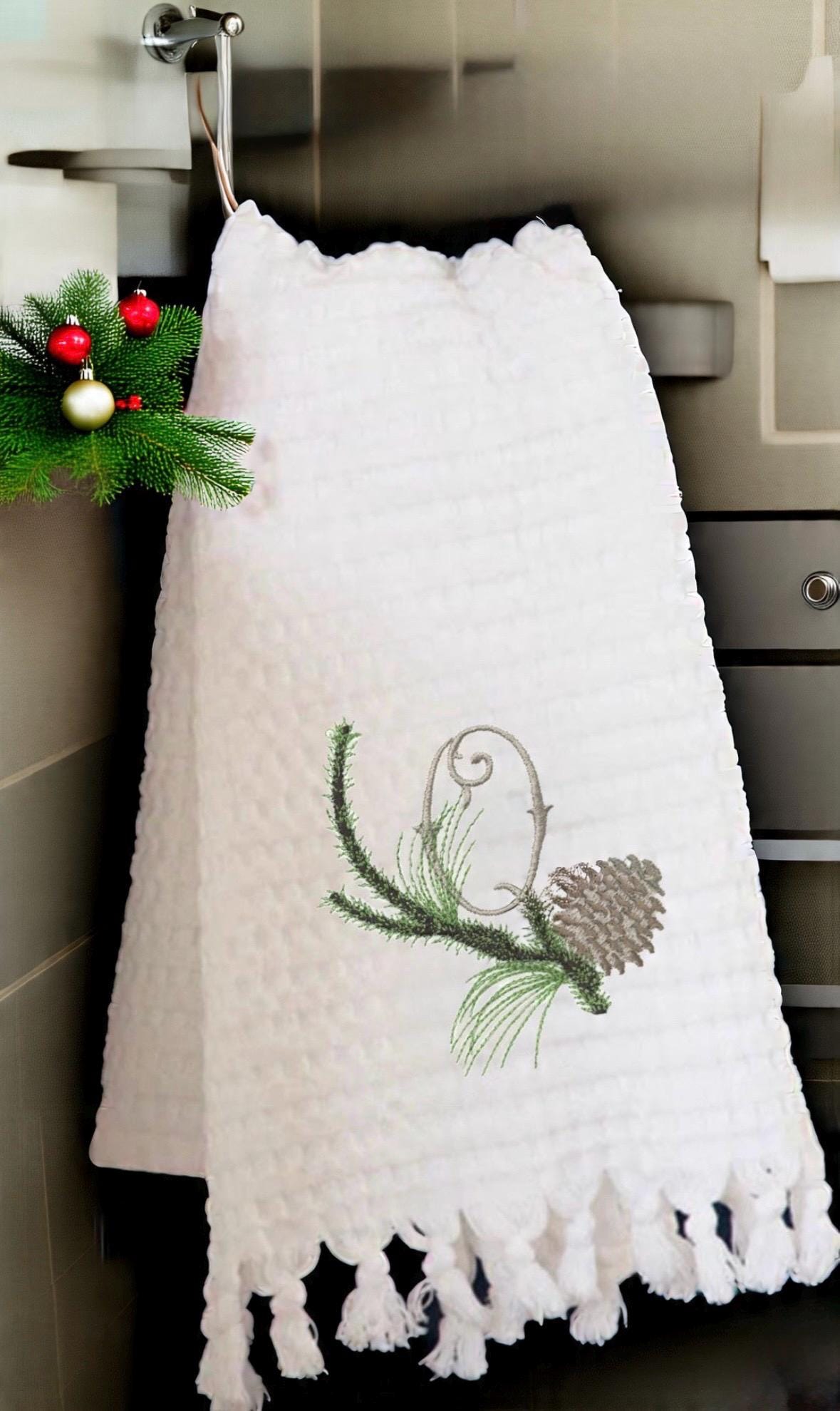 Christmas pinecone branch embroidered linen hand towel Personalized holiday bathroom decor guest towels festive embroidery hand towels