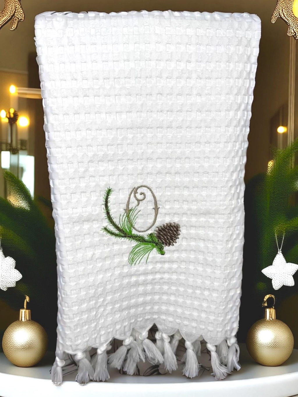 Christmas pinecone branch embroidered linen hand towel Personalized holiday bathroom decor guest towels festive embroidery hand towels