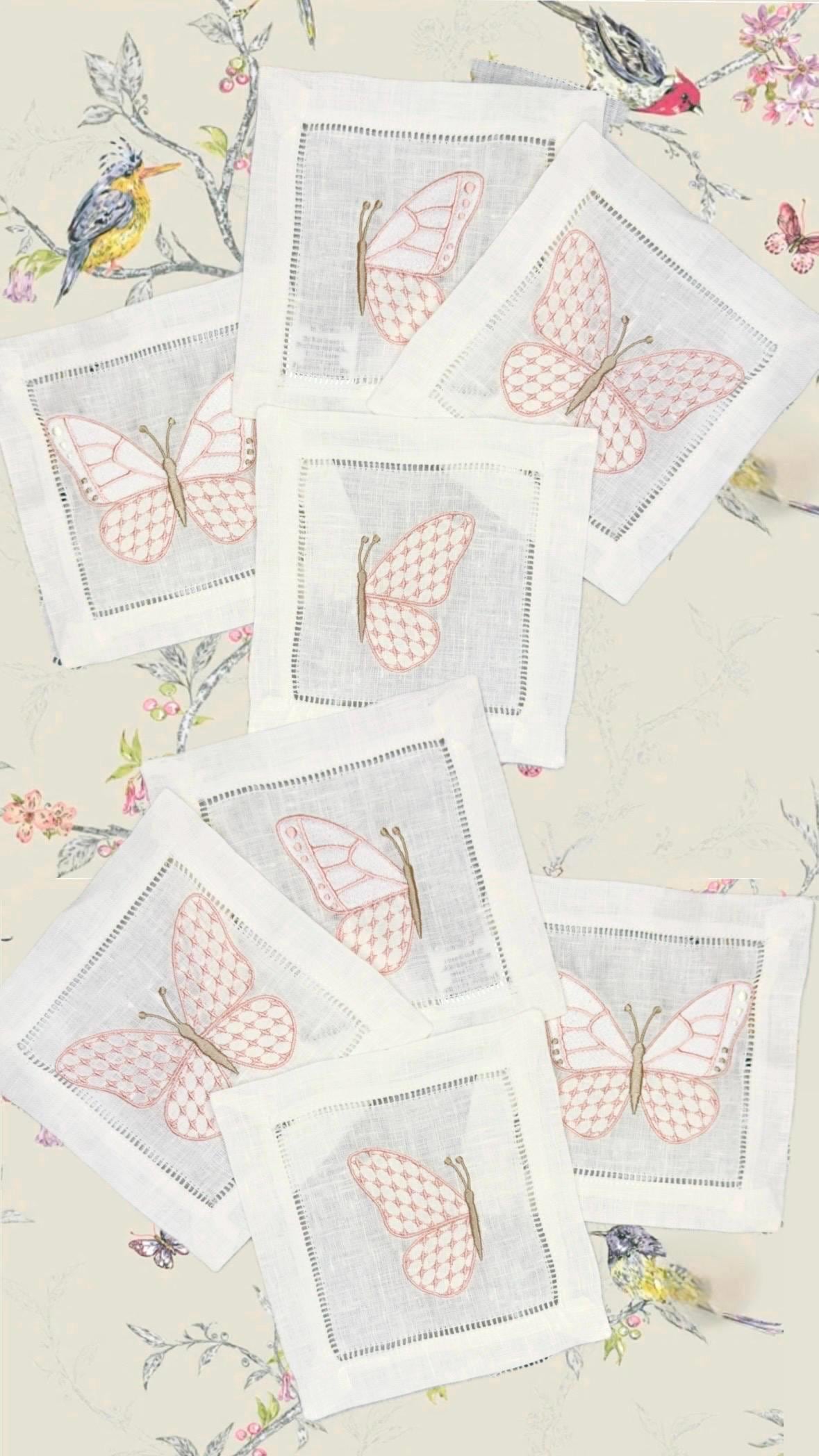 Linen hemstitched butterfly Embroidered Cocktail Napkin Monogram Cocktail Napkin  Napkin Cocktail brodées Serviette en lin Aperitivo coaster