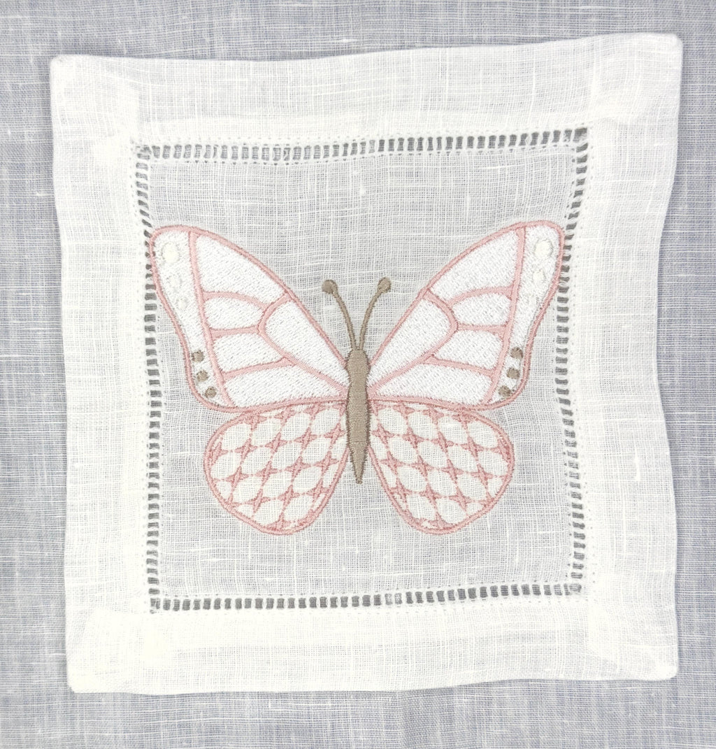 Linen hemstitched butterfly Embroidered Cocktail Napkin Monogram Cocktail Napkin  Napkin Cocktail brodées Serviette en lin Aperitivo coaster