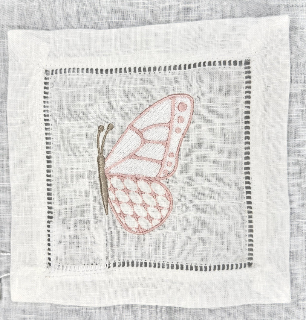 Linen hemstitched butterfly Embroidered Cocktail Napkin Monogram Cocktail Napkin  Napkin Cocktail brodées Serviette en lin Aperitivo coaster