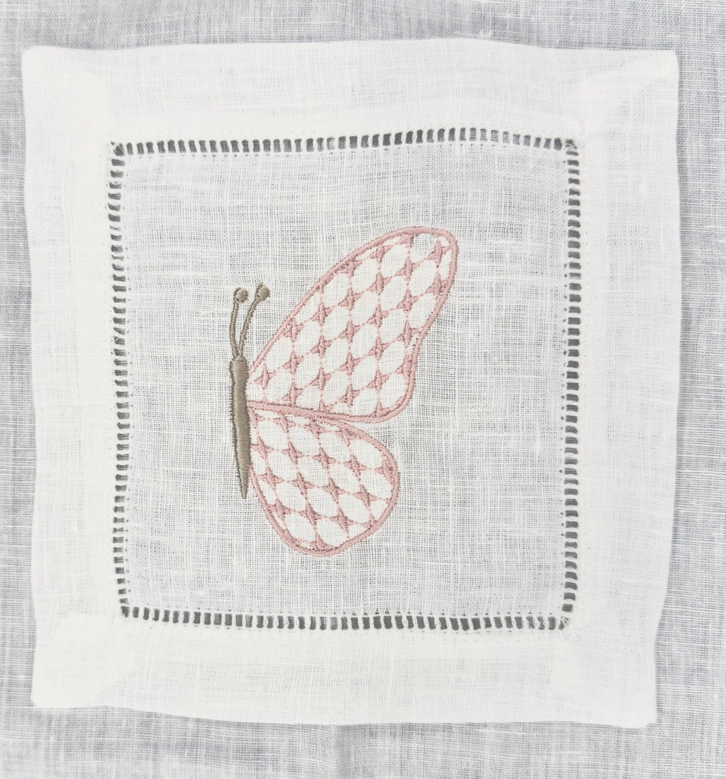 Linen hemstitched butterfly Embroidered Cocktail Napkin Monogram Cocktail Napkin  Napkin Cocktail brodées Serviette en lin Aperitivo coaster