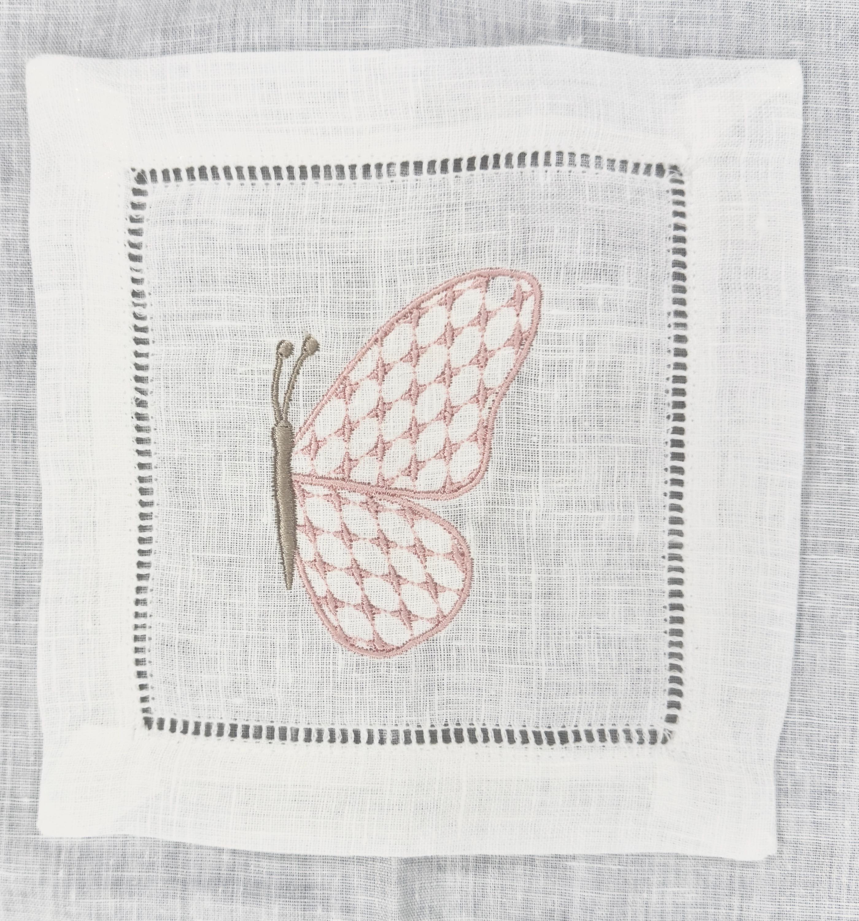 Linen hemstitched butterfly Embroidered Cocktail Napkin Monogram Cocktail Napkin  Napkin Cocktail brodées Serviette en lin Aperitivo coaster