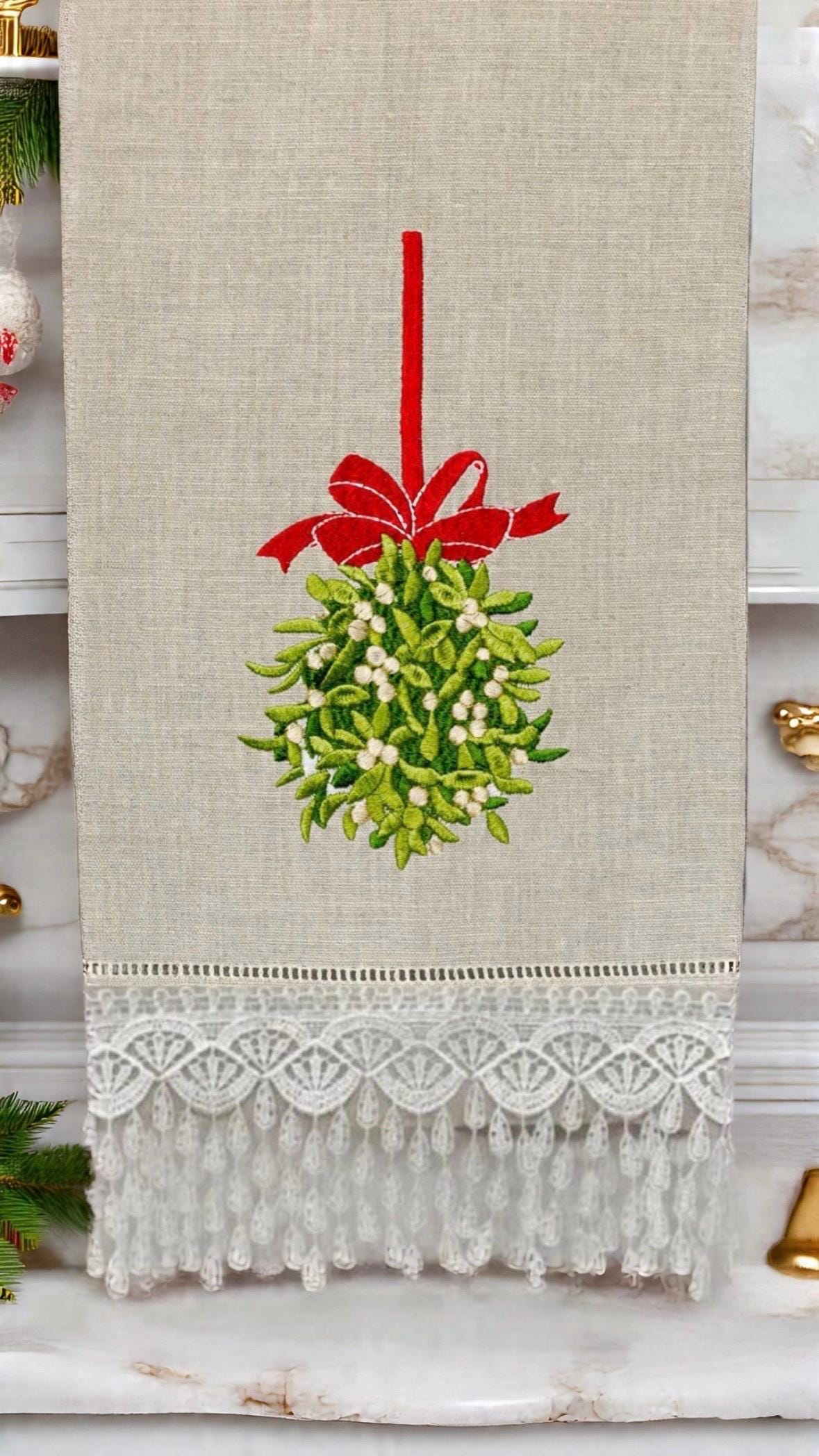 Christmas embroidered linen guest towel Personalized holiday mistletoe bathroom decor festive embroidery designs hand towels guest bathroom