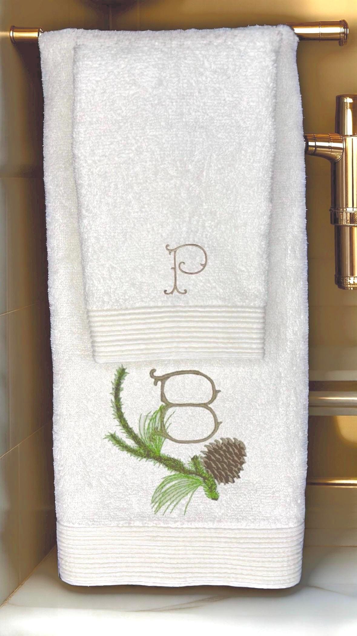 Christmas pinecone branch embroidered linen hand towel Personalized holiday bathroom decor guest towels festive embroidery hand towels